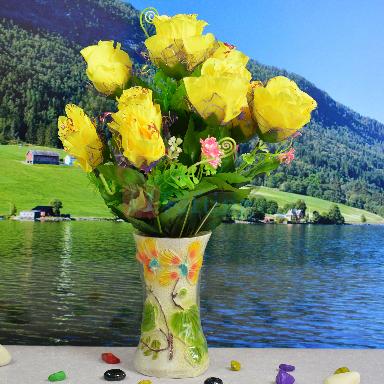 Beautiful Flower Pot with Yellow Roses Plant