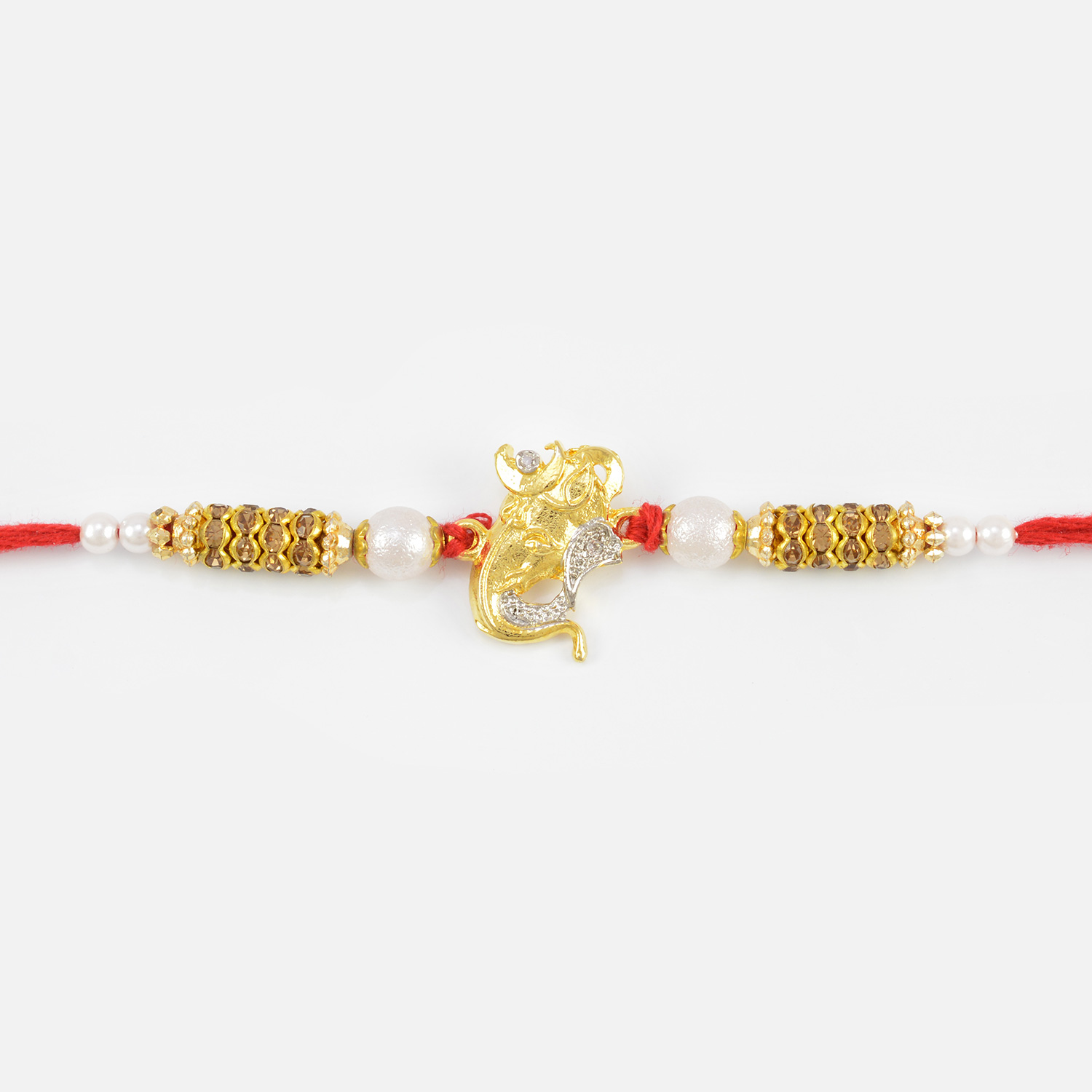 Golden Ganesha Mauli String Pearl Diamond Rakhi