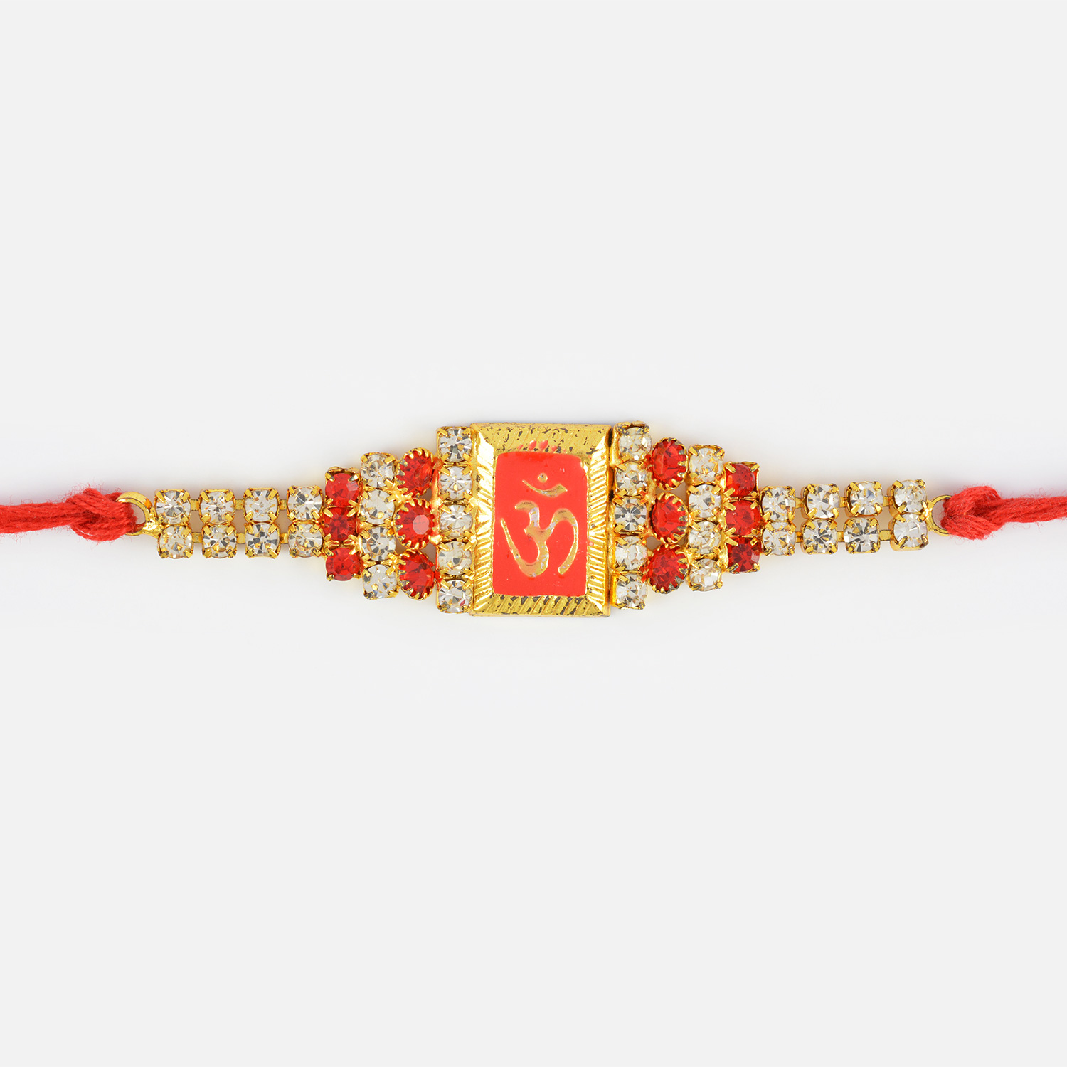 Beautiful Om Rakhi with Red and Silver Diamonds