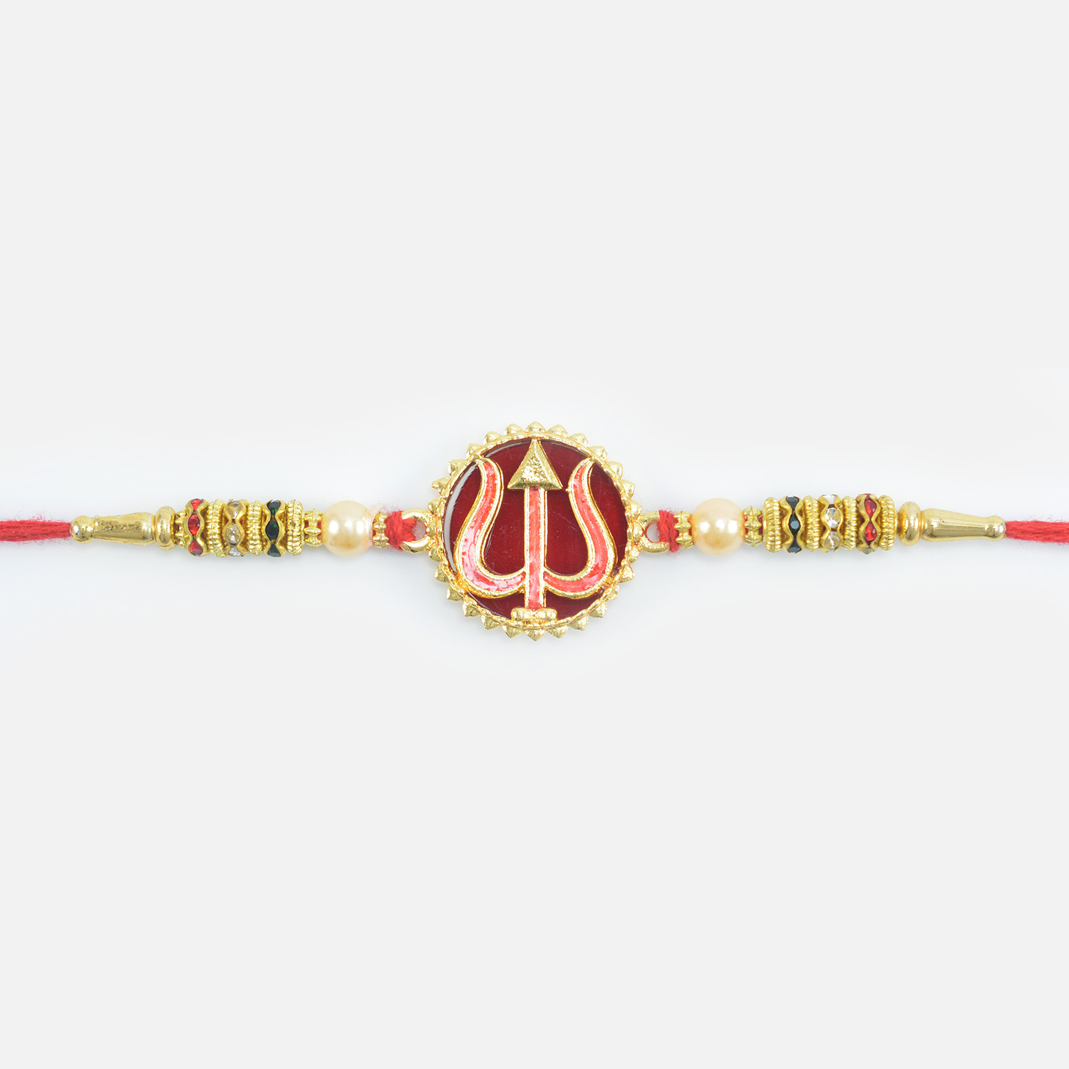 Auspicious Divine Golden and Red Color Trishul Studded Rakhi for Brother 