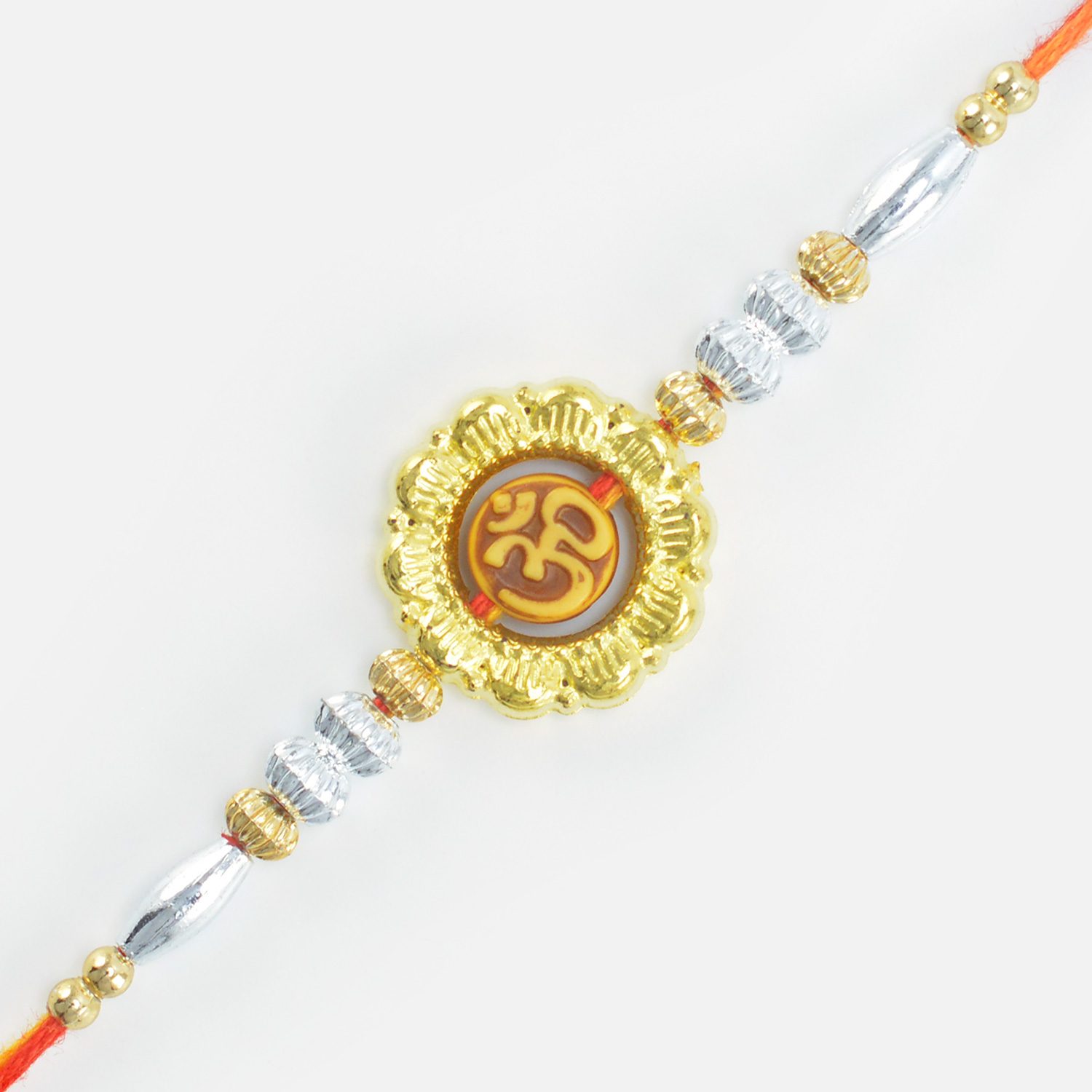 Stunning Looking Divine Golden Color Silver Beaded Om Auspicious Rakhi