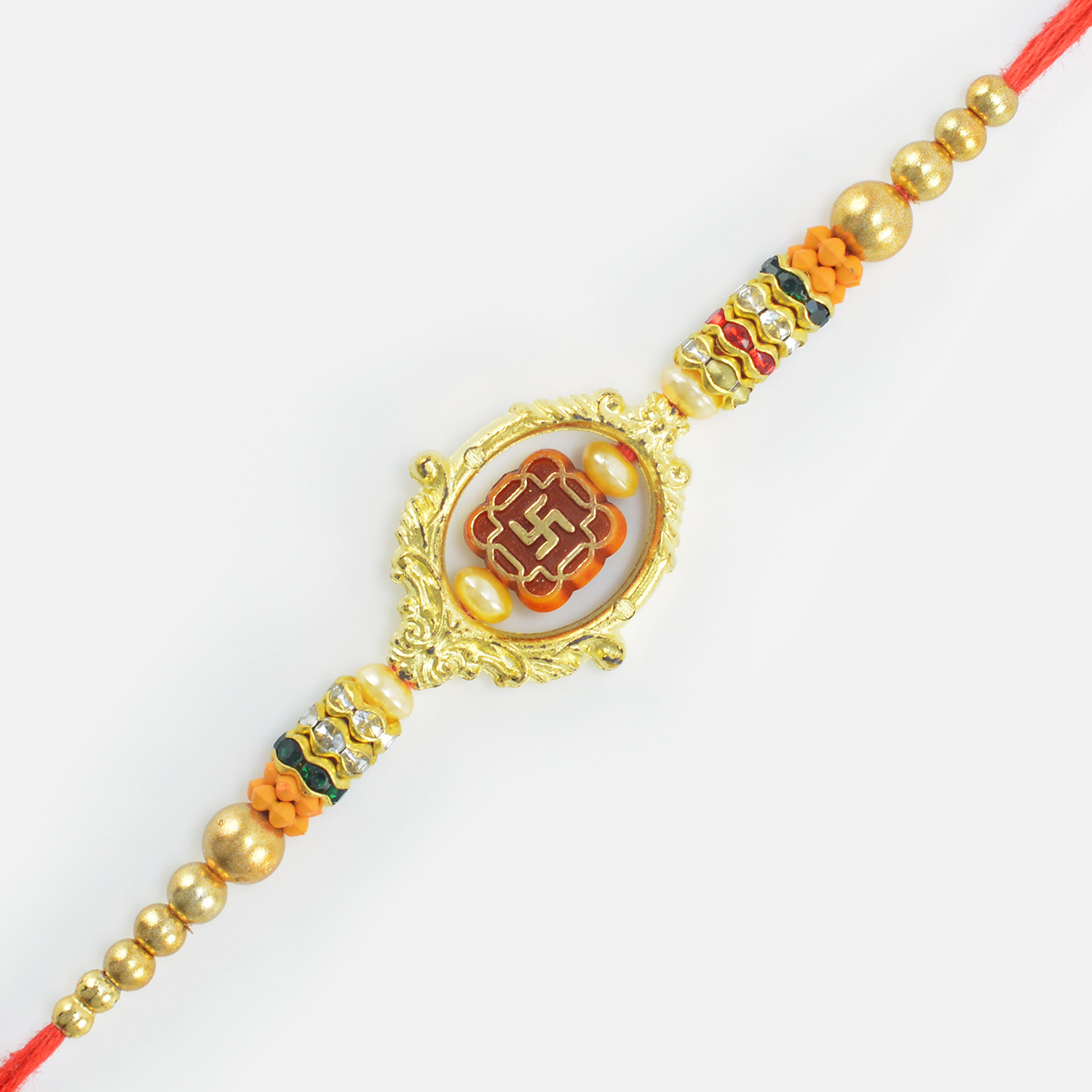 Swastika Crafted in Mid Round Shape Golden Ring Amazing Looking Brother God Rakhi
