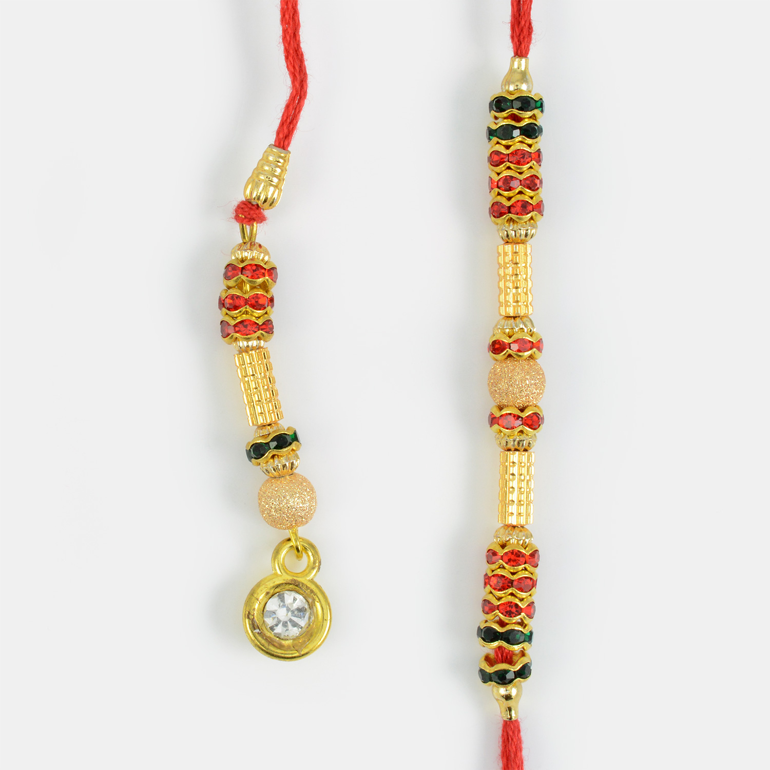Golden Pipes with Zig-Zag Diamonds Pair of Rakhi