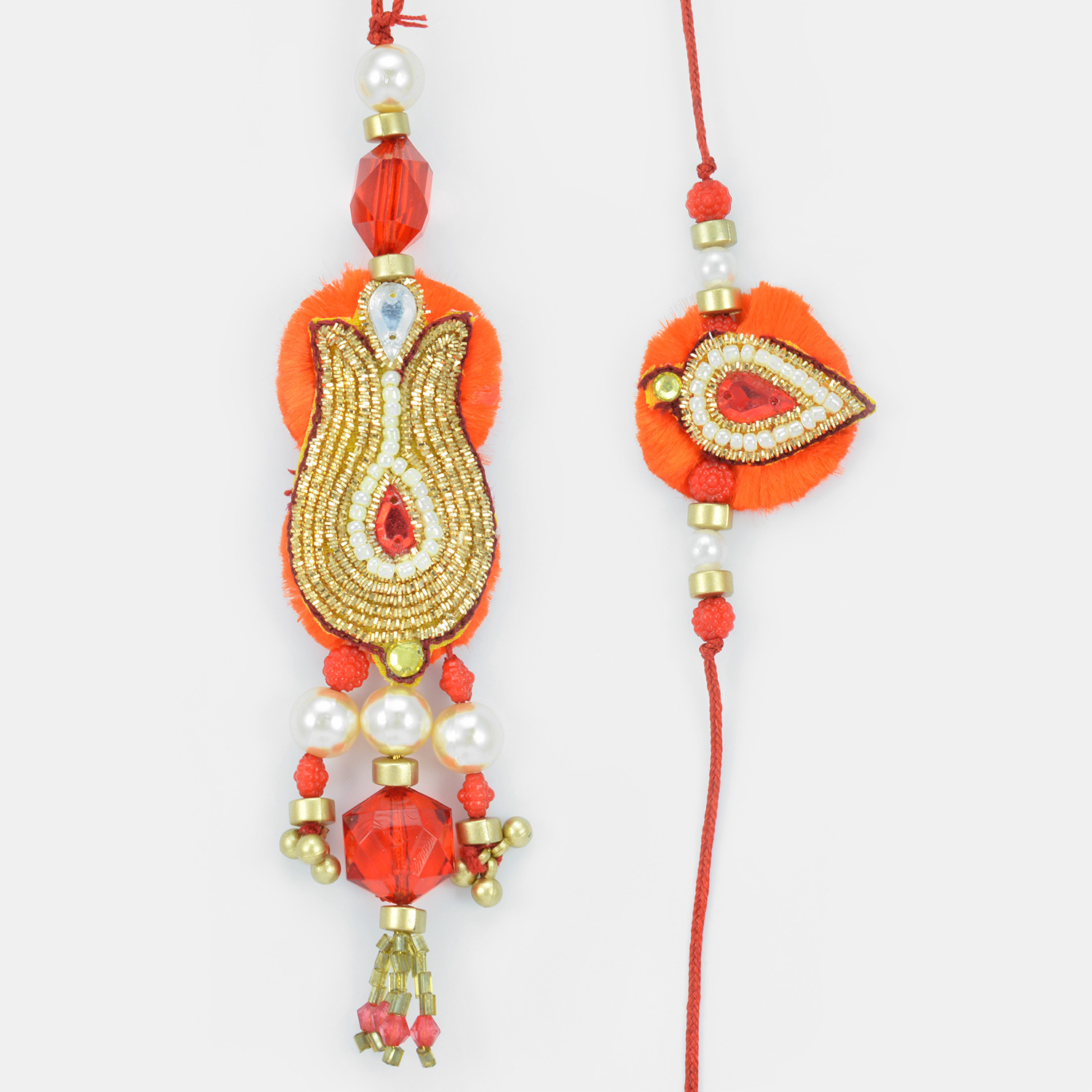 Indian Traditional Zardosi- Pearl Red Crystal Rakhi Pair