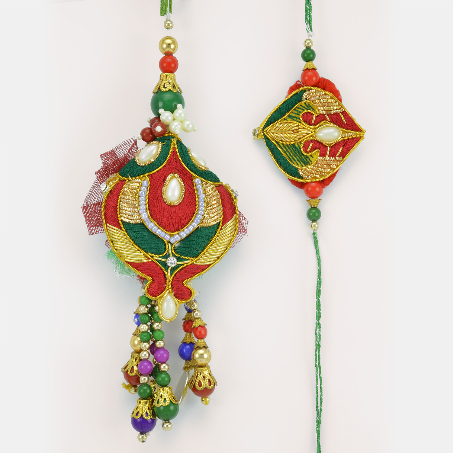 Amazing Leafy Pattern Mauli Colored Designer BB Rakhi Set with Beads