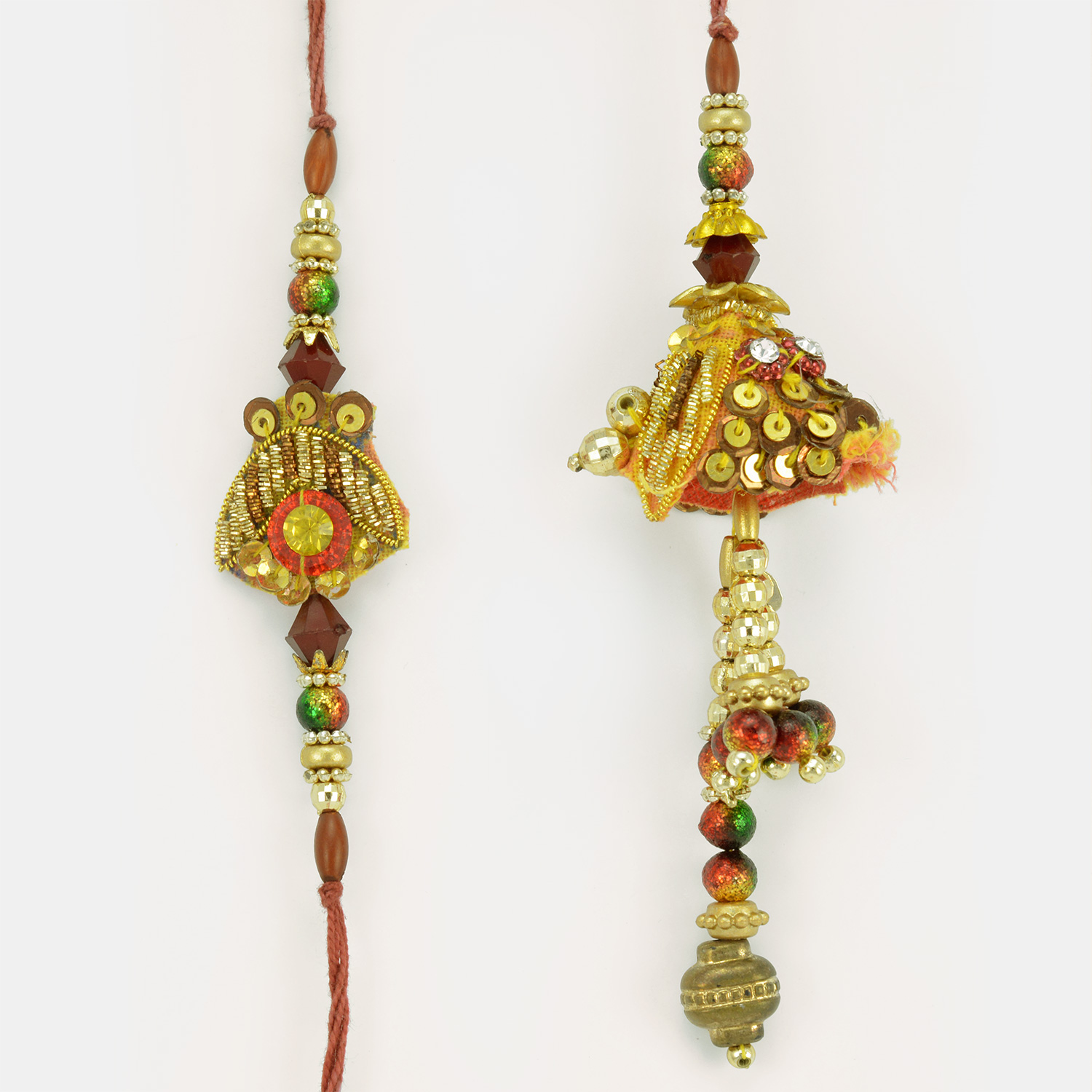 Golden Beads and Zari Zardozi Work Rakhi Set for Bhaiya Bhabhi
