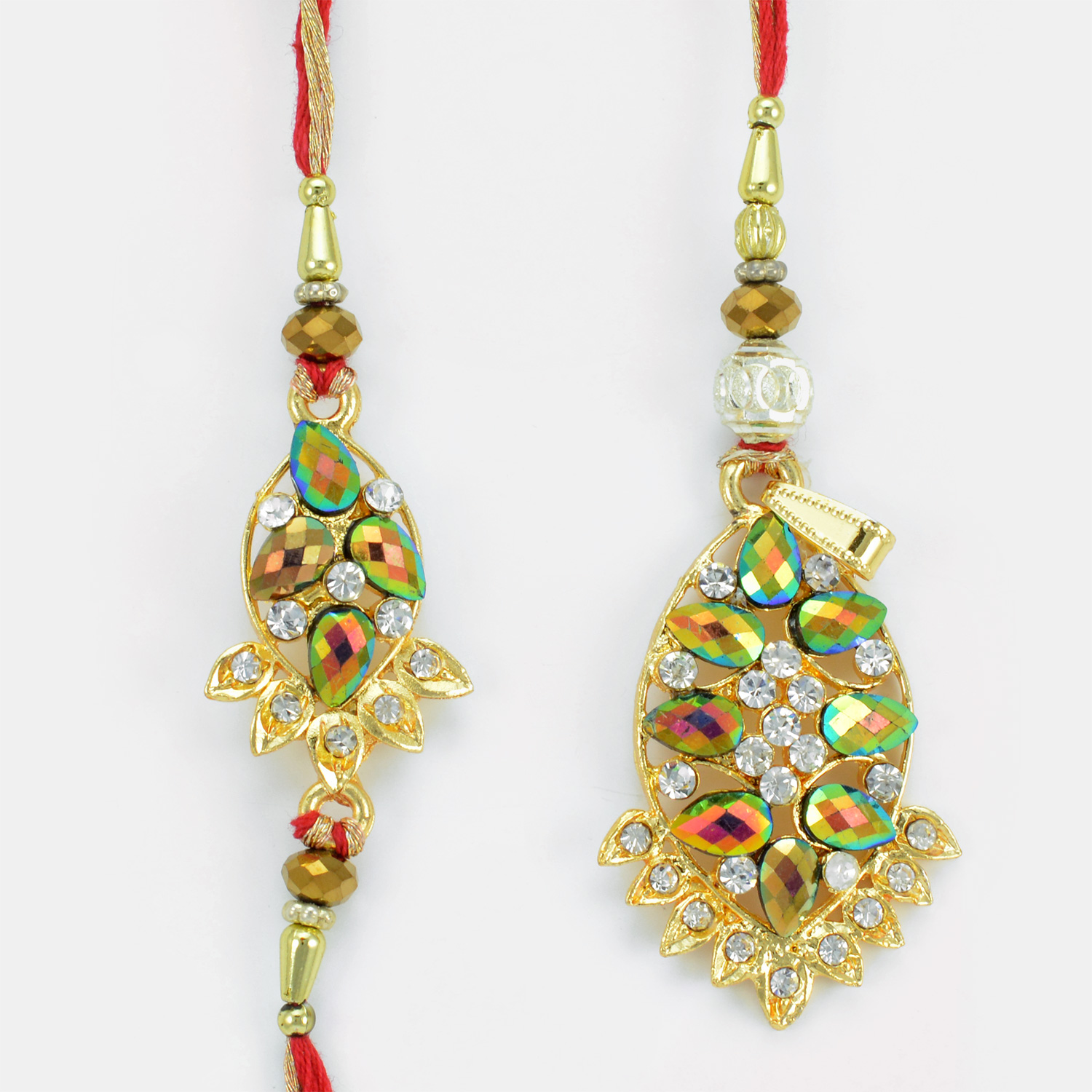 Attractive Cut Shaped Colorful Gems Rakhi Pair