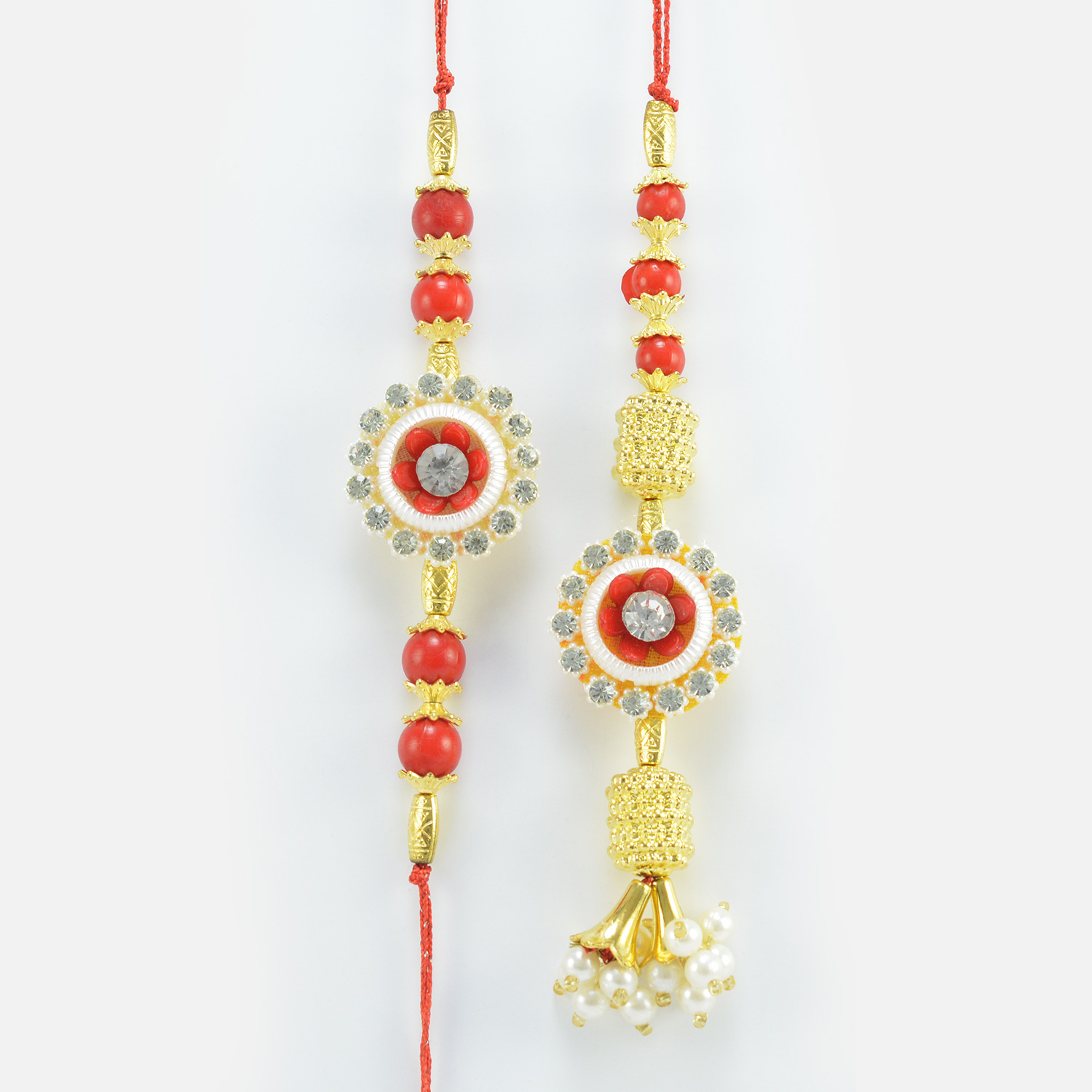Flower Shape Design Red Beads and Golden Color Lumba and Brother Rakhi for Bhaiya and Bhabhi