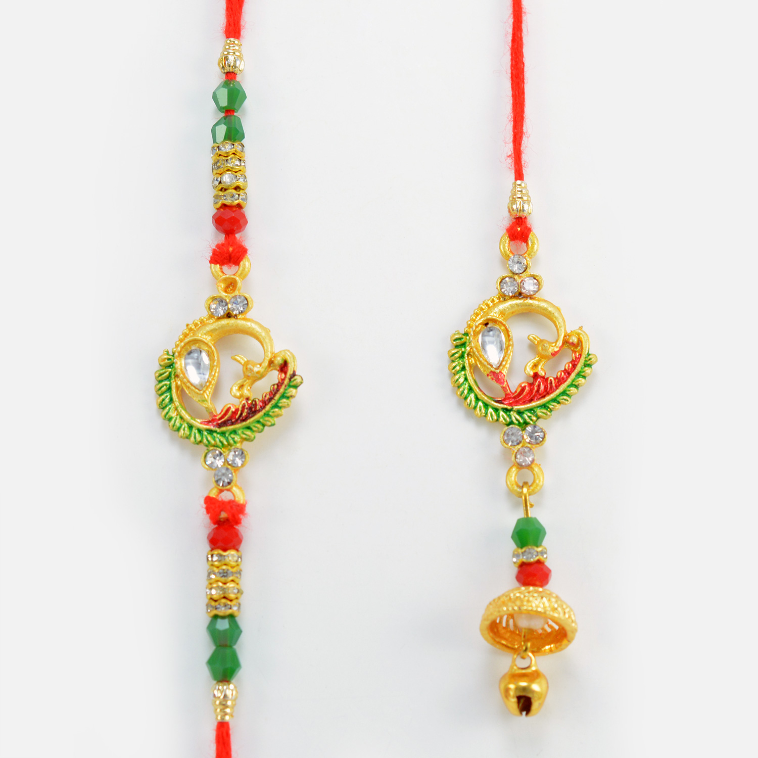 Marvelous Peacock Special Design Colorful Thread Rakhis Pair for Bhaiya and Bhabhi