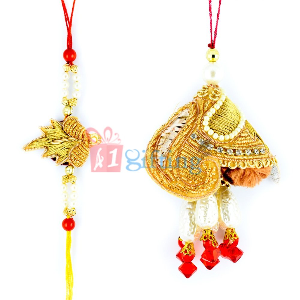 Golden Zardosi Work Pearl and Glass Beads Bhaiya Bhabhi ki Rakhi