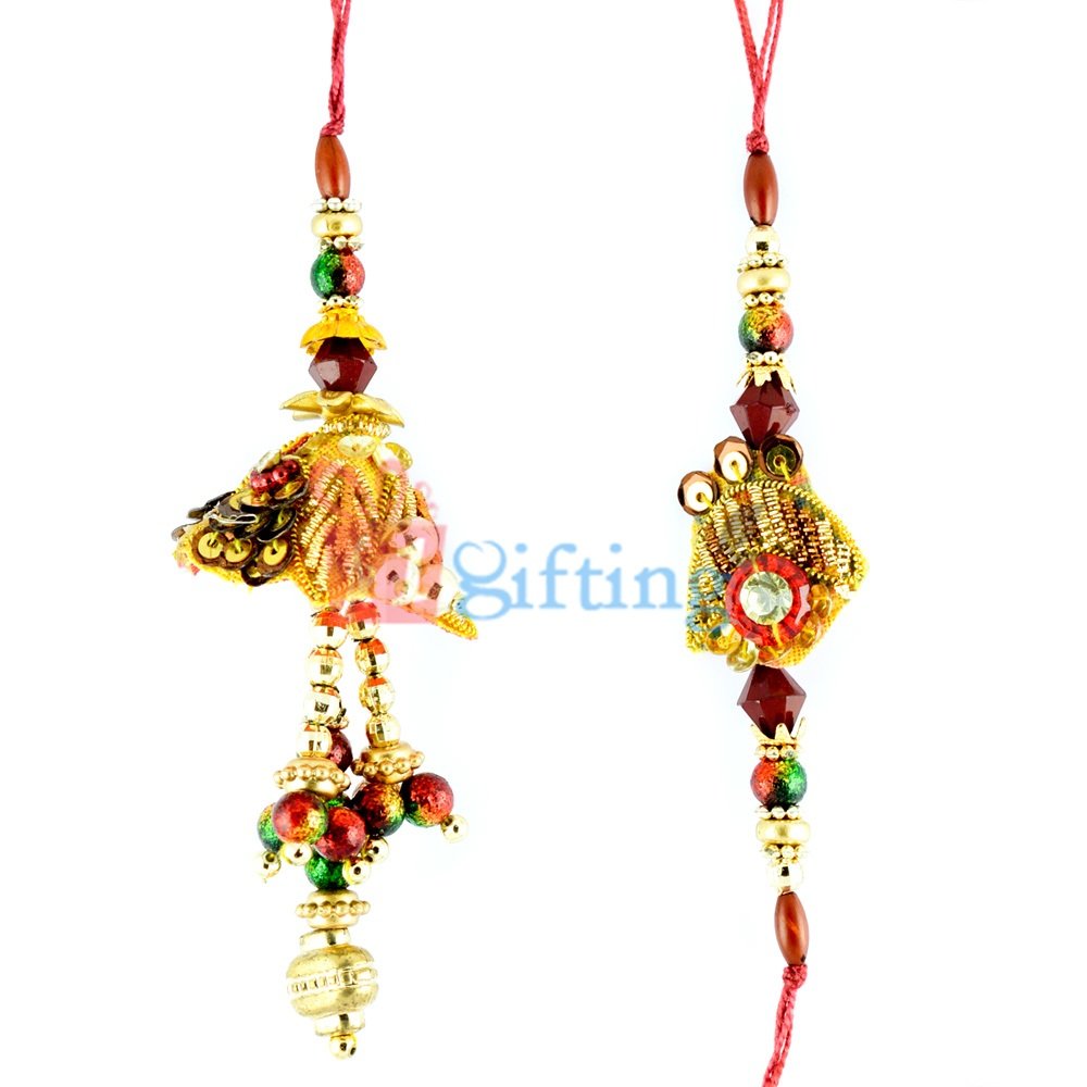 Golden Beads and Zari Zardozi work Rakhi Set