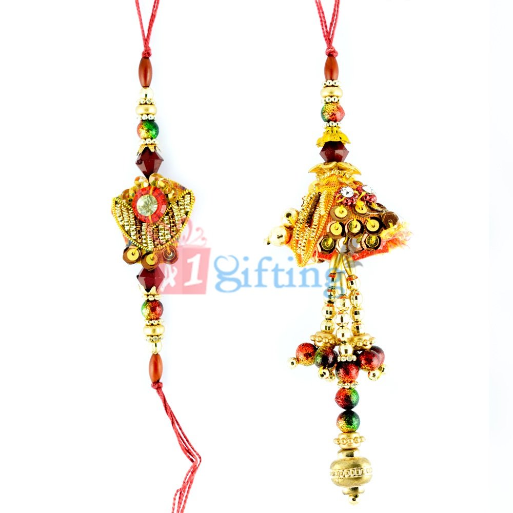 Red Stone and Golden Beads Zardosi Rakhi for Bhaiya and Bhabhi