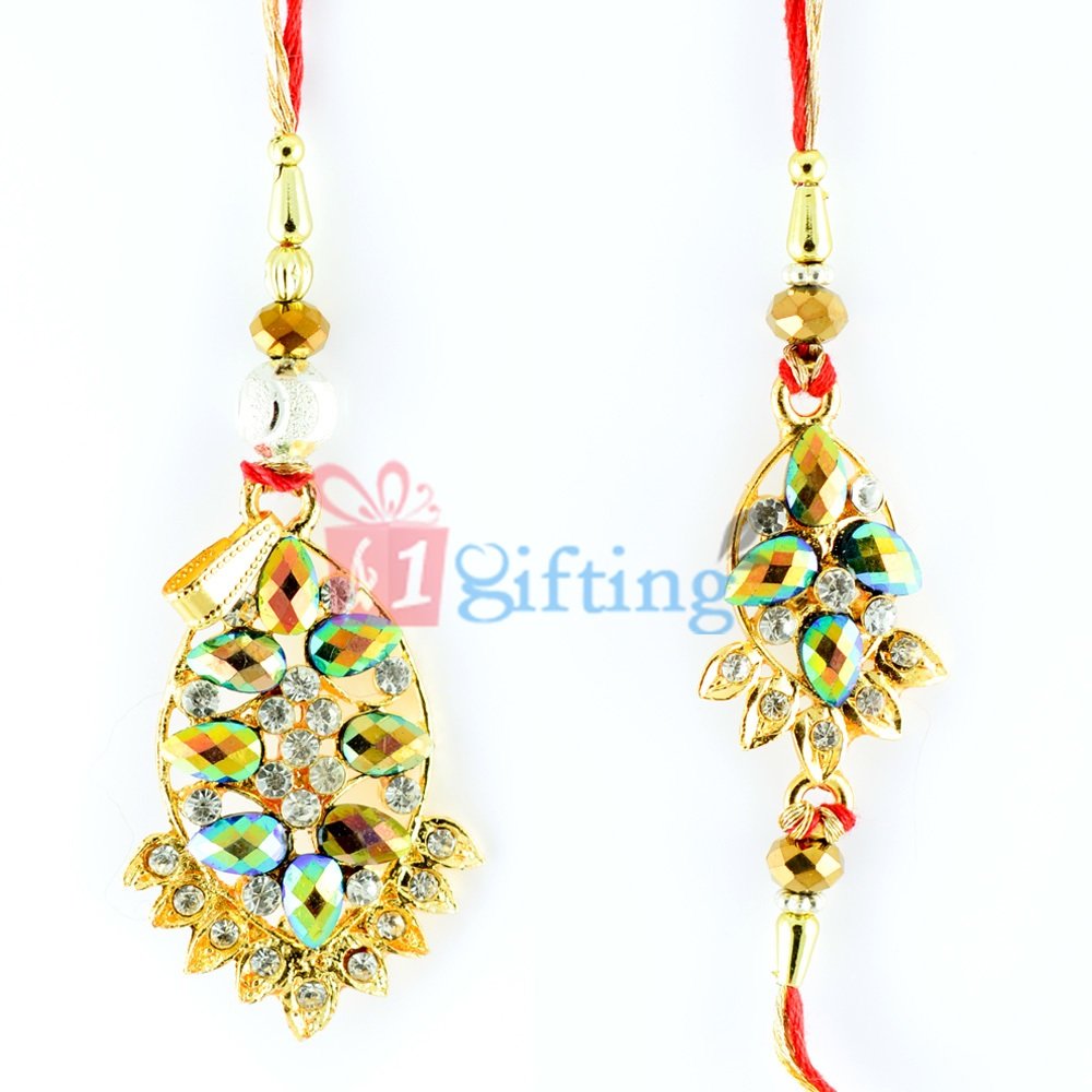 Colorful Jewels and Diamond Rakhi Set in Golden Base
