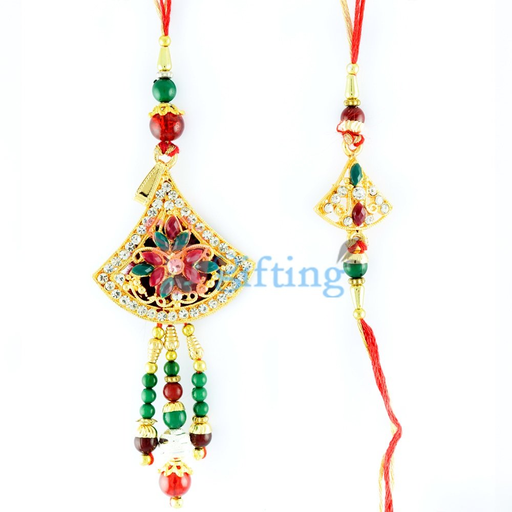 Triangle Shape Golden Base Jewels Rakhi Set with Colorful Gems