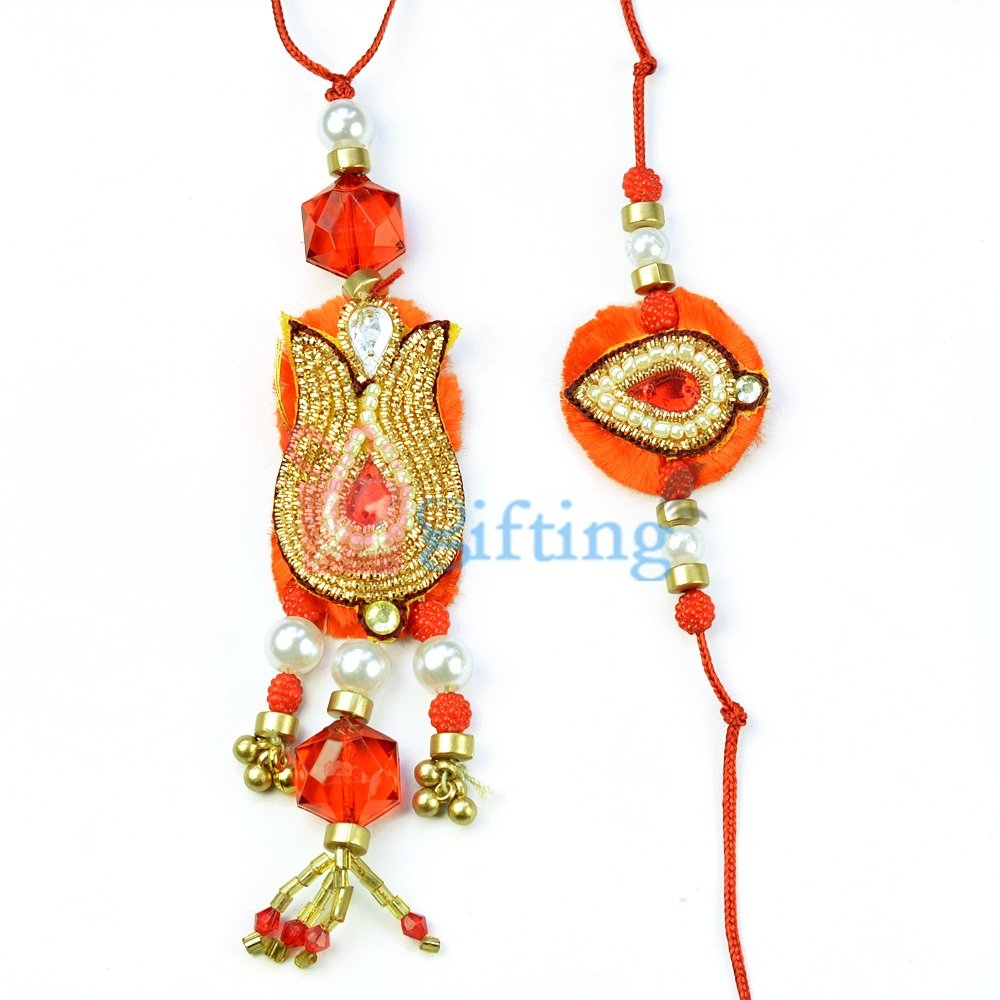 Indian Traditional Zardosi-Pearl Red Crystal Rakhi Pair
