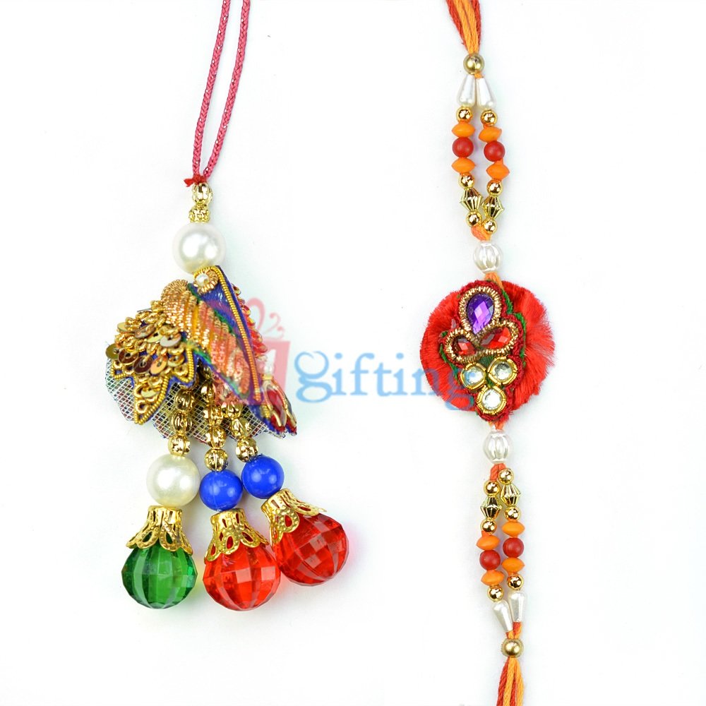 Handmade Zardosi Crystal Drop Lumba and Rakhi Pair