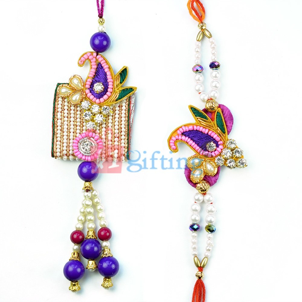 Pink Blue Jewel Pear Ceremic Beads Drop Pair of Rakhis