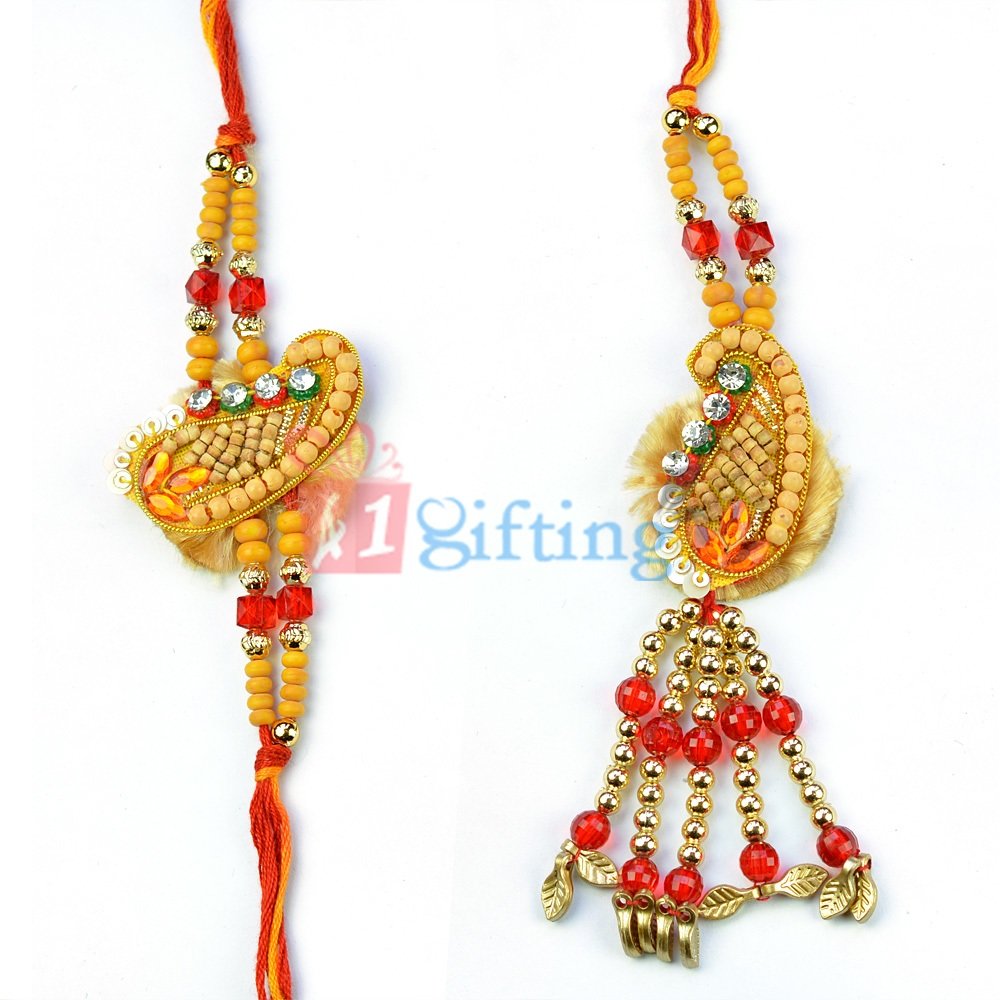 Ceremic Sandalwood Touch Beads Pair Rakhi 