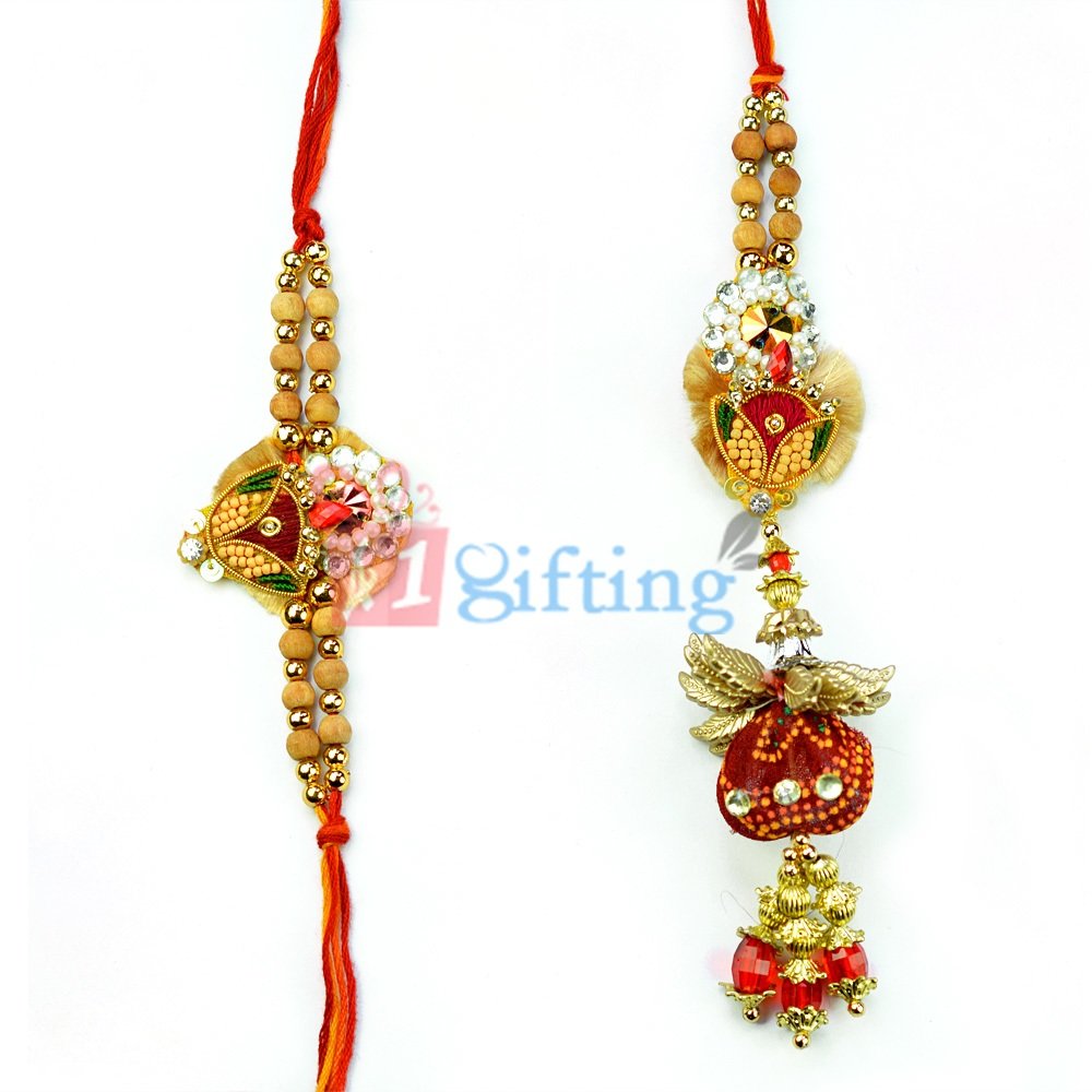 Sandalwood Beads Leaves Awesome Bhaiya Bhabhi Rakhi