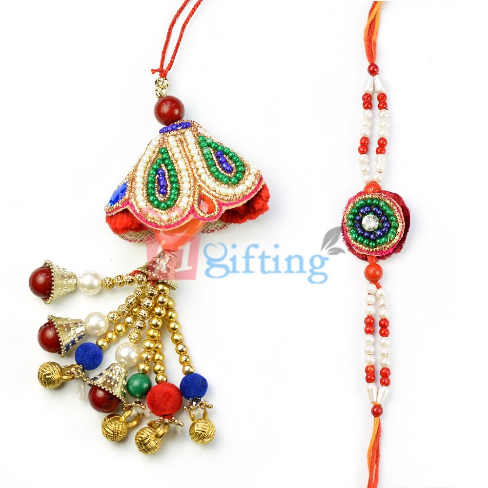 Peacock Color Theme Pearl Lumba and Rakhi for Bhaiya