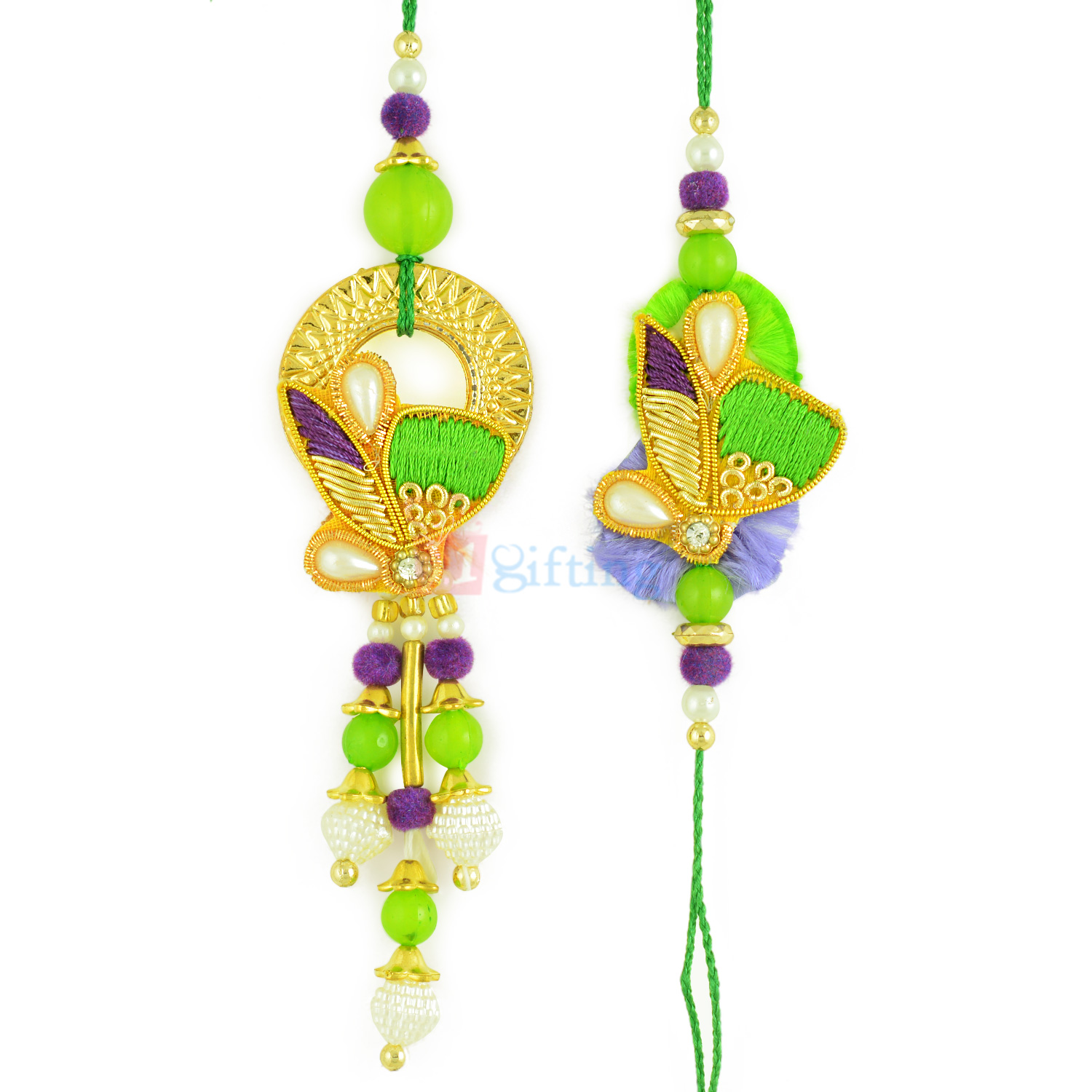 Zari Resham Work Dangler Beads Designer Pair Rakhi Set
