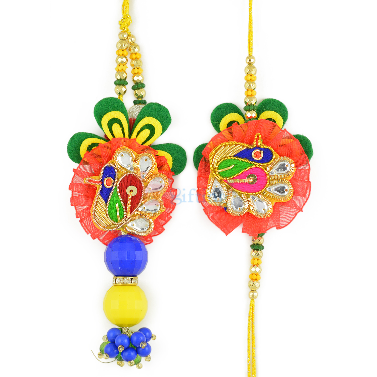Net Floral Designer Peafowl Designer Color Bhaiya Bhabhi Rakhi Set