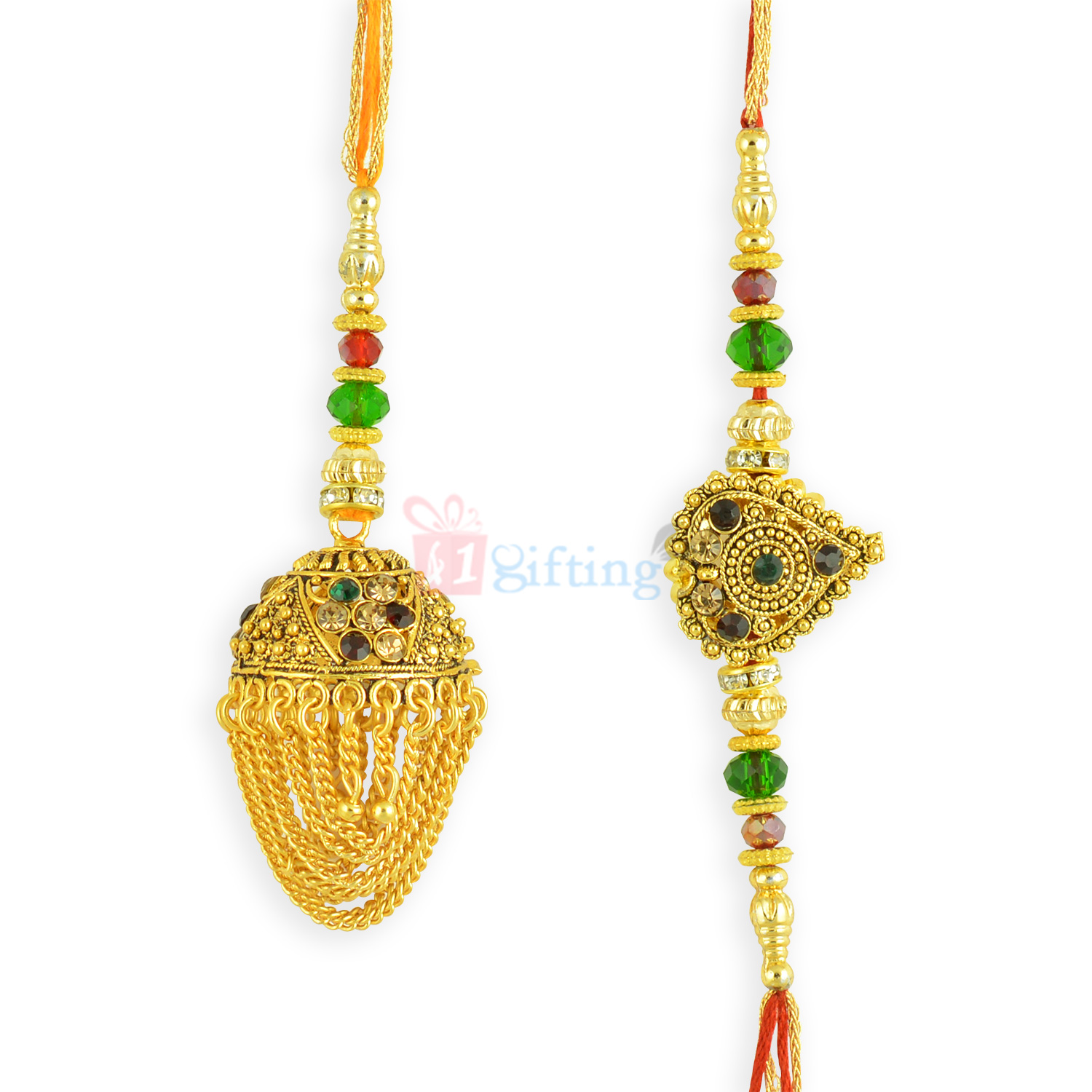 Enticing Carving with Golden Glass Beads Diamin Rakhi Set