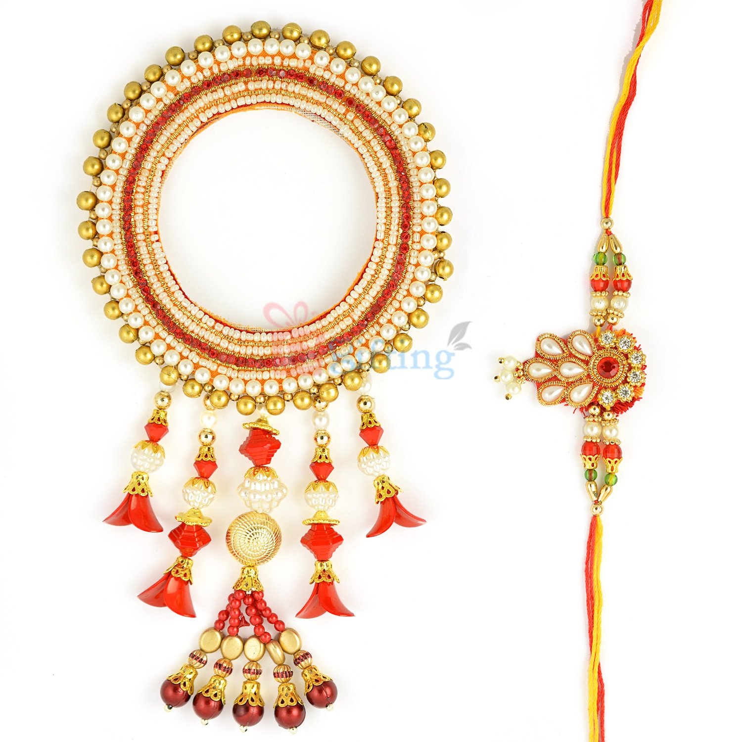 Awesome Red Theme with Pearl Golden Beads Bhaiya Bhabhi Rakhi Set