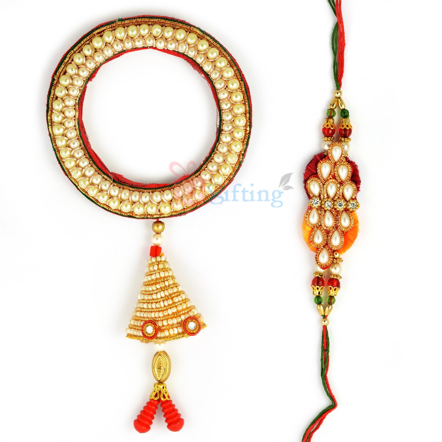 Traditionally Designed Pearl Zari Work Lumba and Pearl Rakhi for Bhaiya