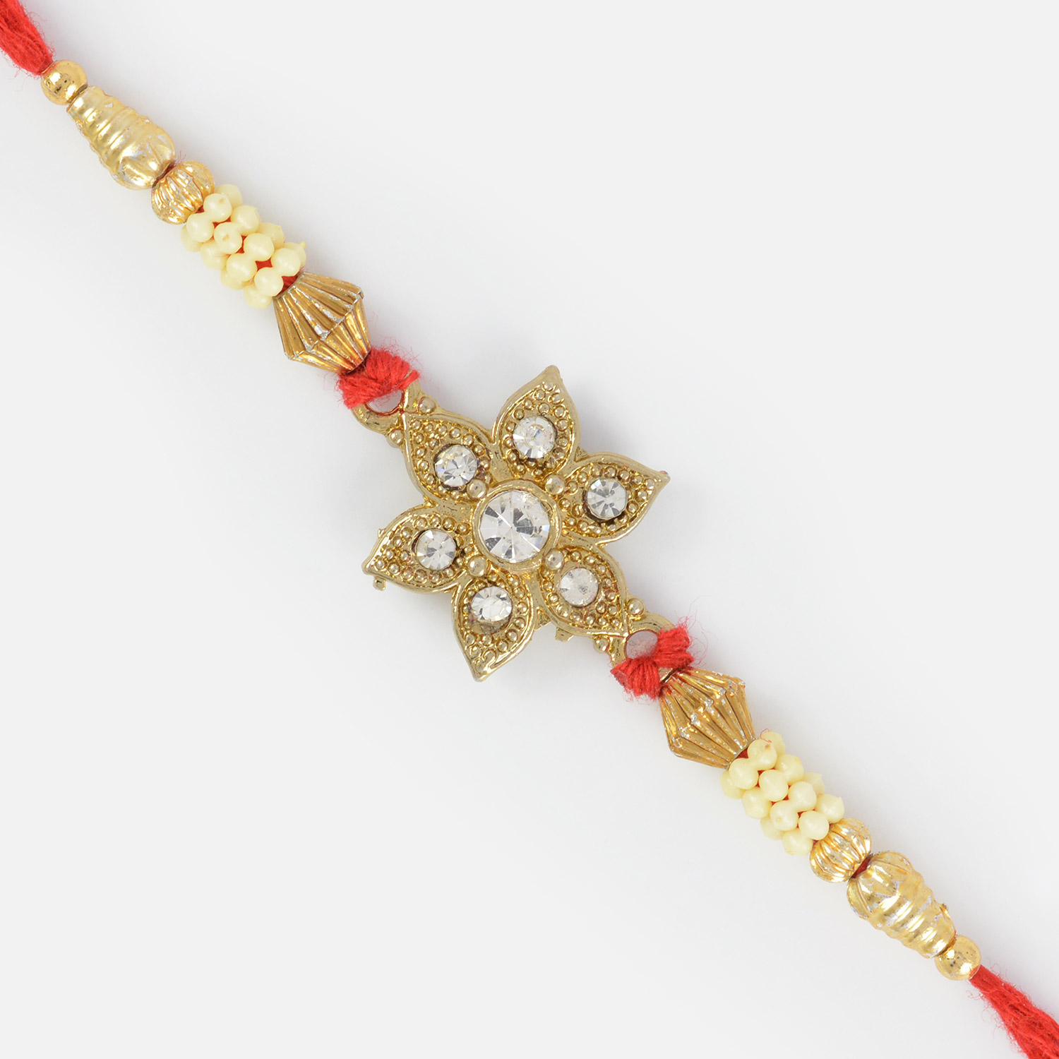 Floral Shape Golden Rakhi with Beads