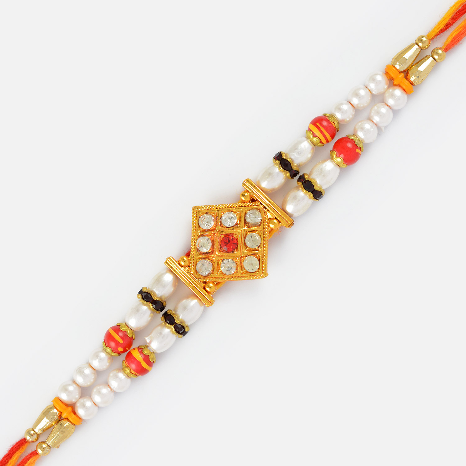 Golden Designer Rakhi with Red and White pearl