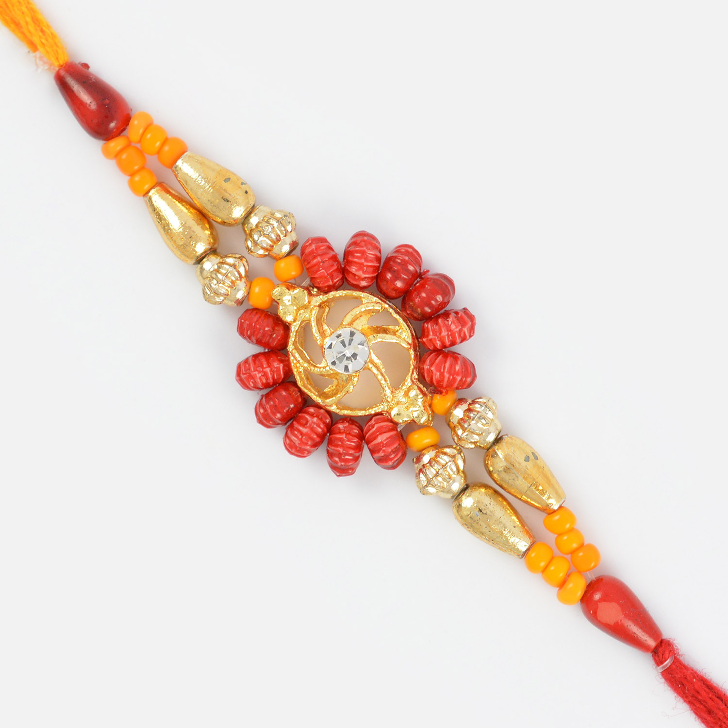Golden Round Shape Designer Beads and Golden Mauli Rakhi
