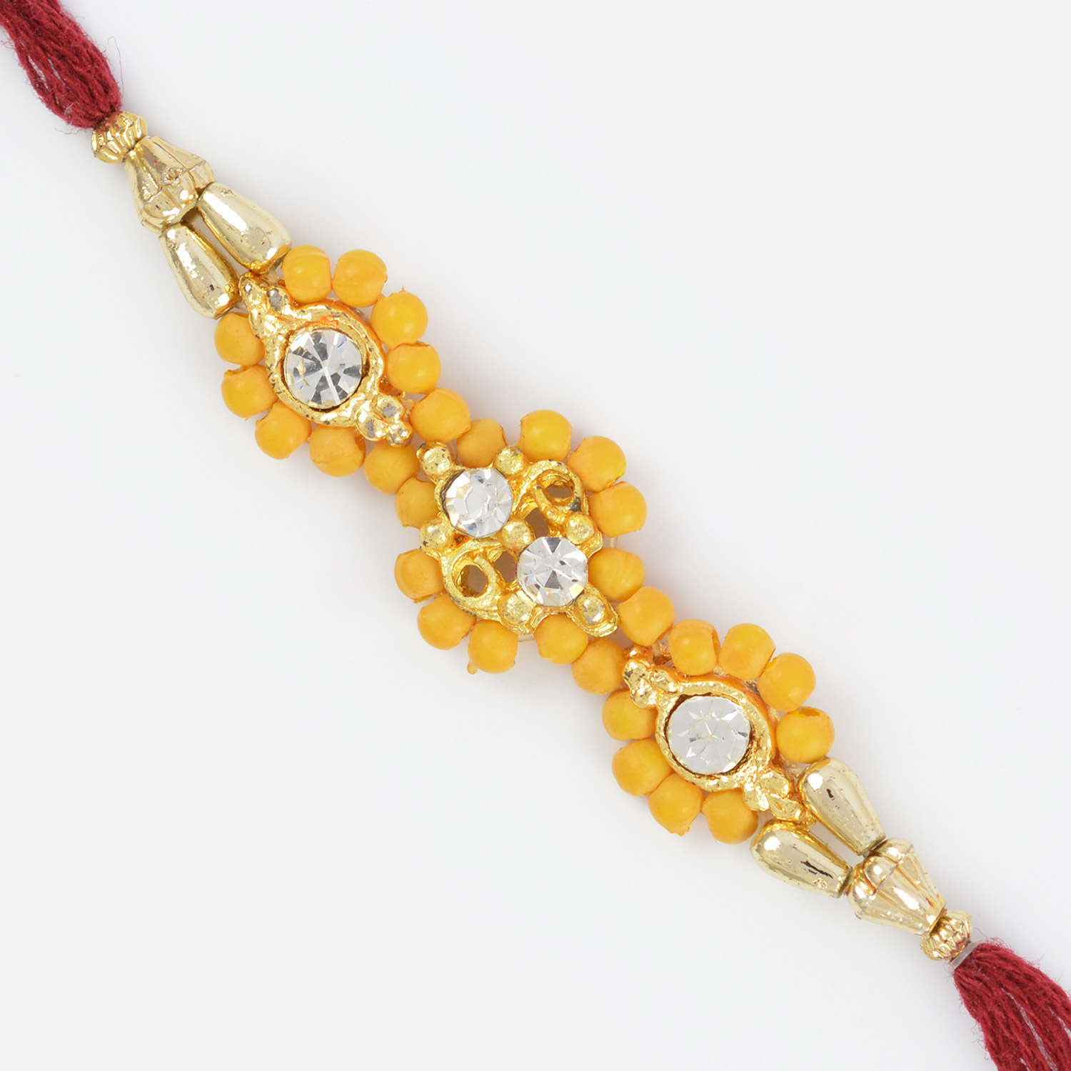 Pretty Yellow Designer and Golden Beads Mauli Rakhi for Bhaiya