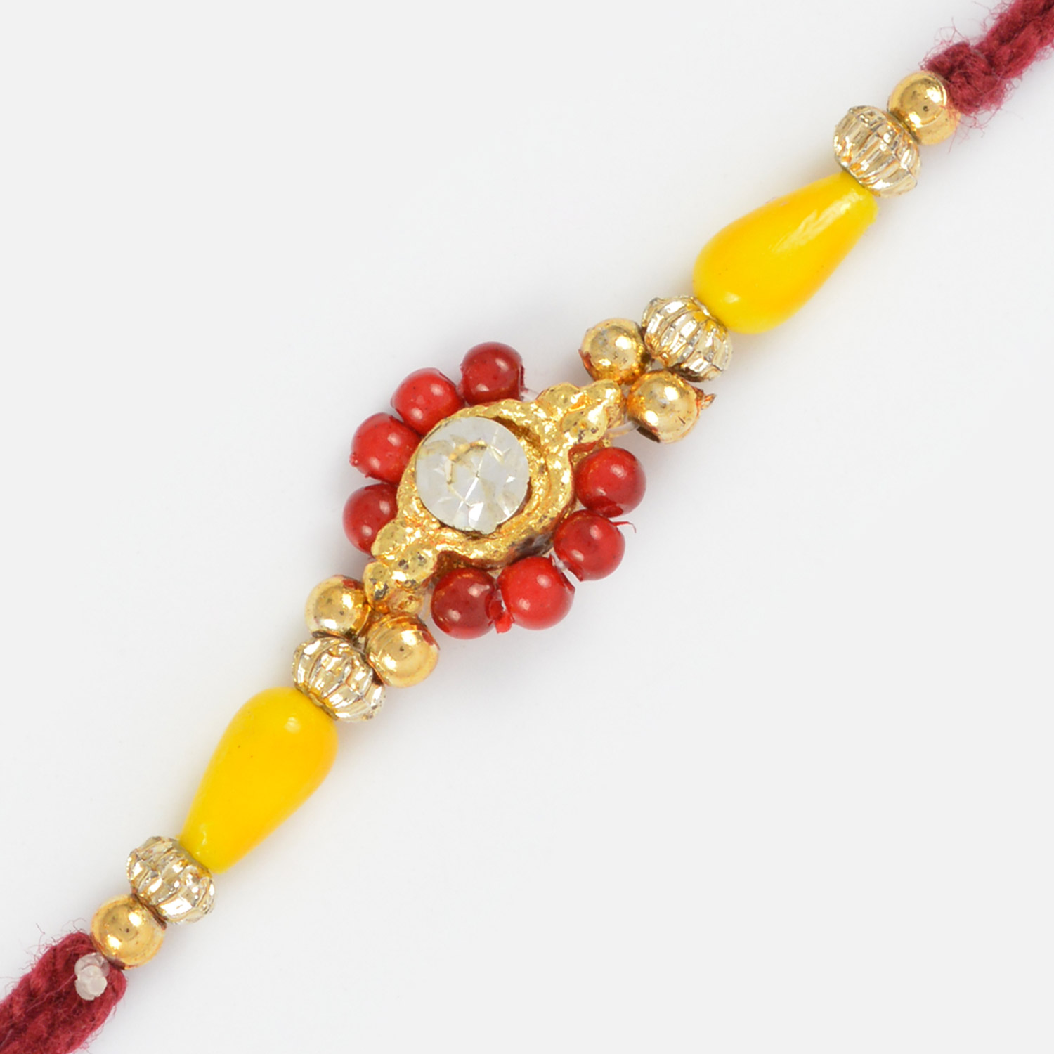 Sparkling Diamond Rakhi Golden Base with Multi-Color Beads