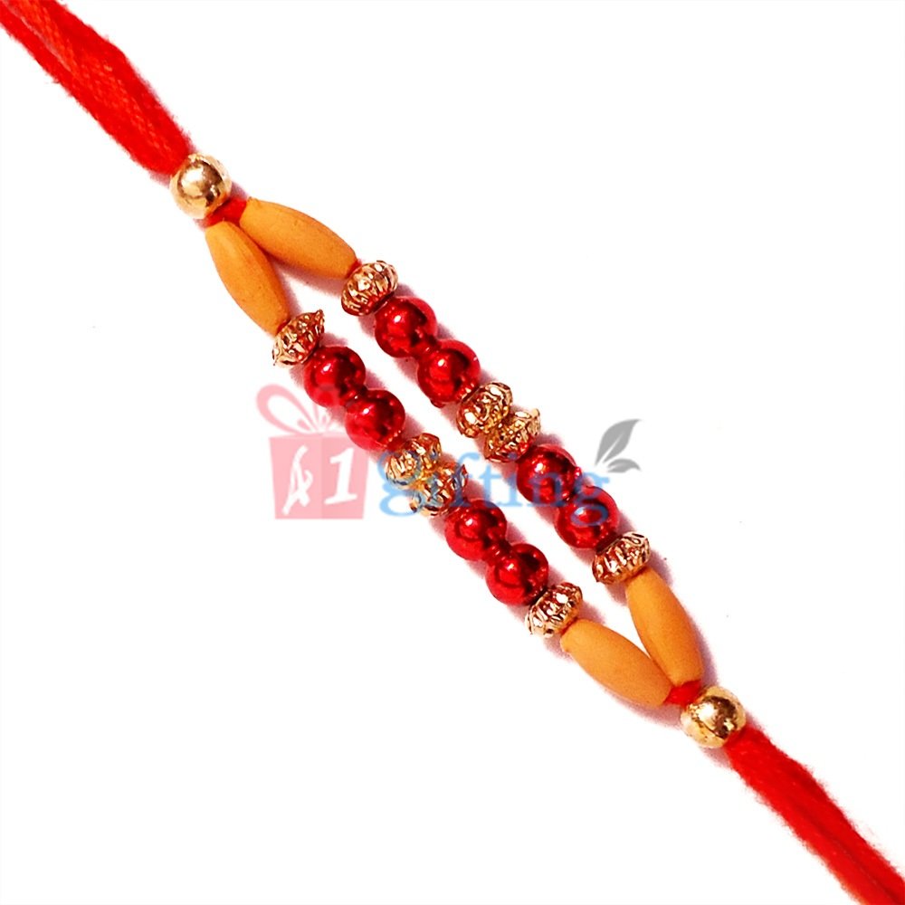 Golden and Maroon Beads Double String Mauli Dori Rakhi