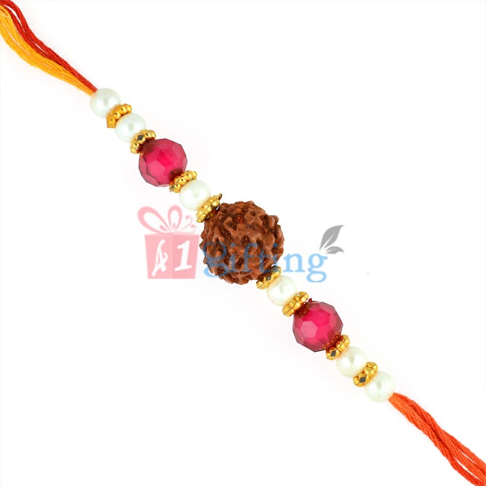 Central Auspicious Rakhi with Pearls, Pink and Golden Beads