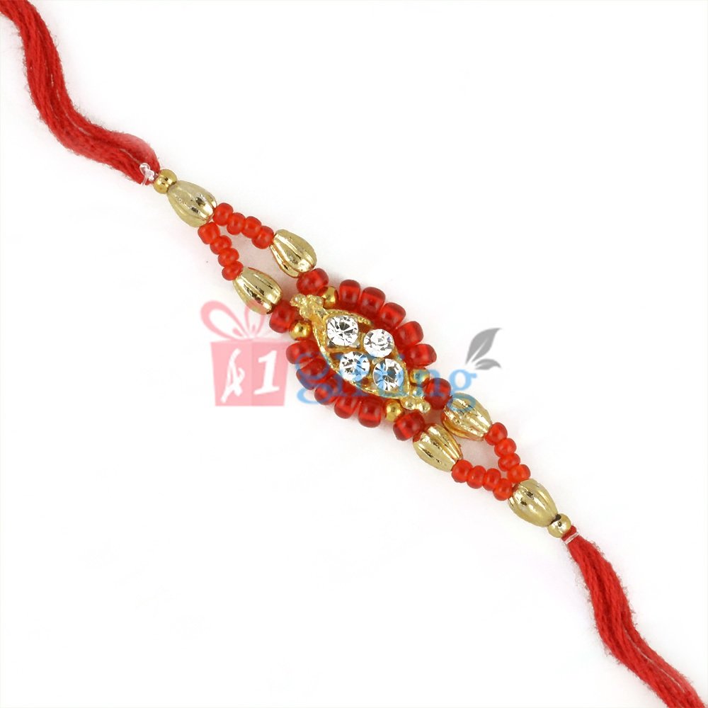 Loveable Red Glass, Golden Beads and Diamond Work Beads Rakhi