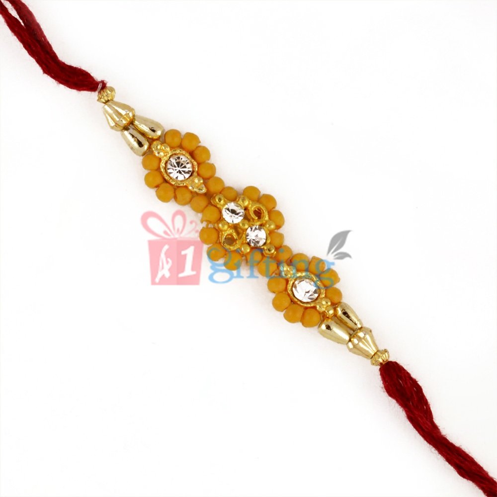 Pretty Yellow Designer and Golden Beads Mauli Rakhi for Bhaiya