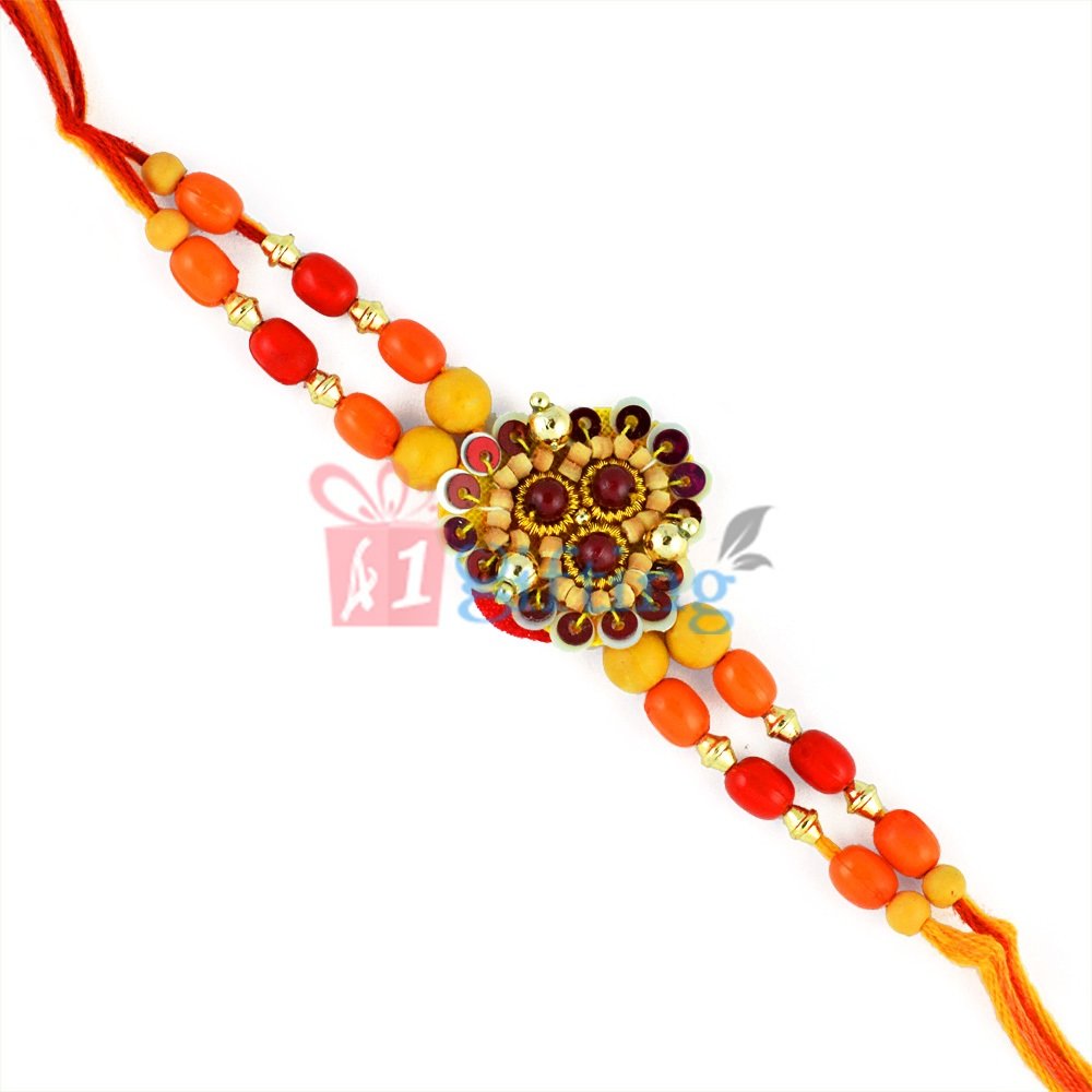 Winsome Colorful Beads, Golden Work Beaded Work Mouli Rakhi