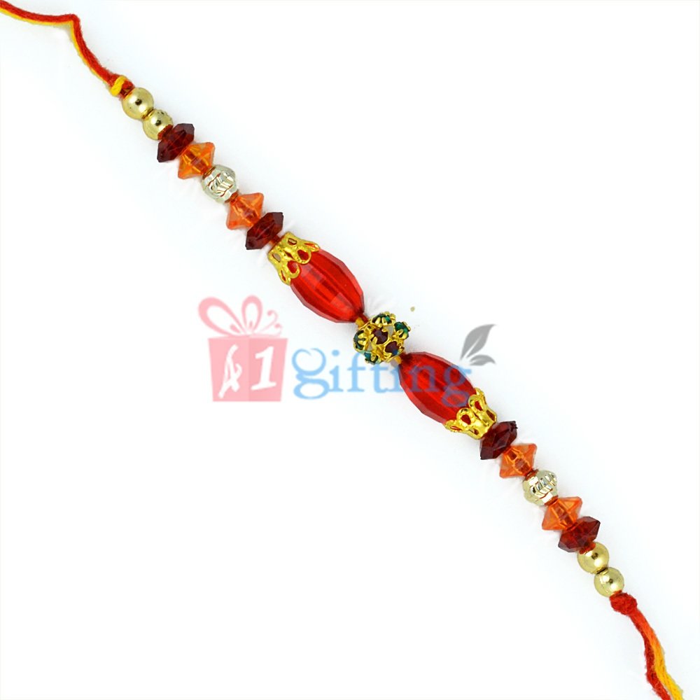 Marquise and Ring Shaped Multi Color Stone and Golden Beads Rakhi
