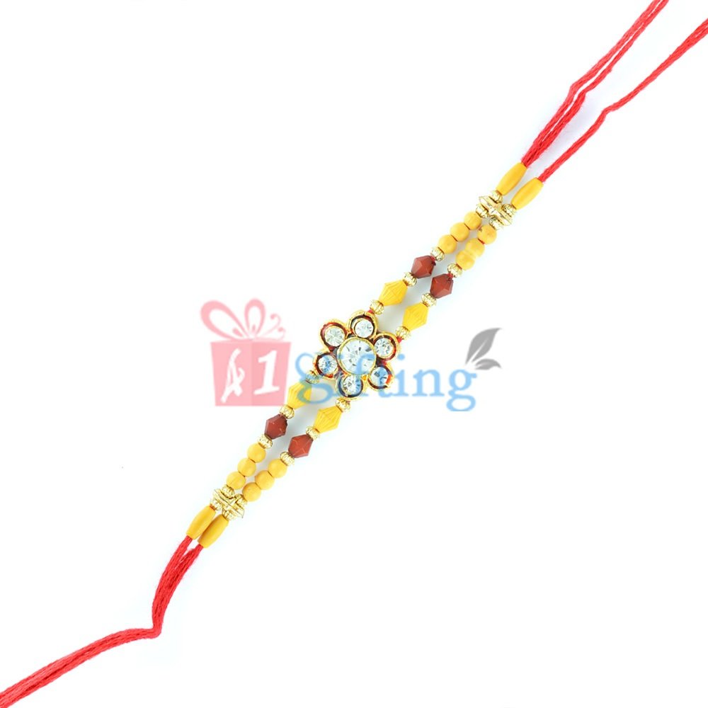 Diamond Fitted Golden and Color Beads Rakhi for Brother