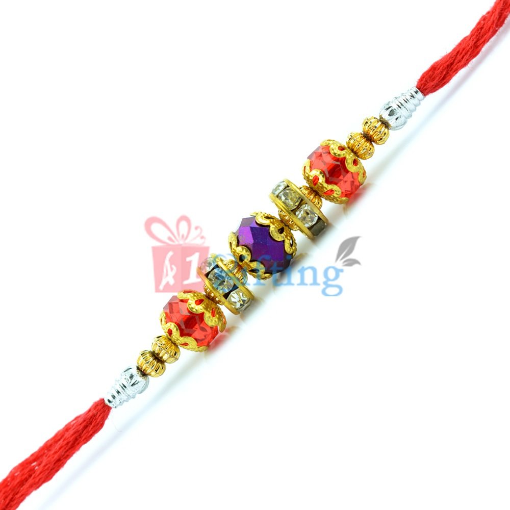 Color Stone Emphasized Silver, Golden and Diamond Beads Rakhi