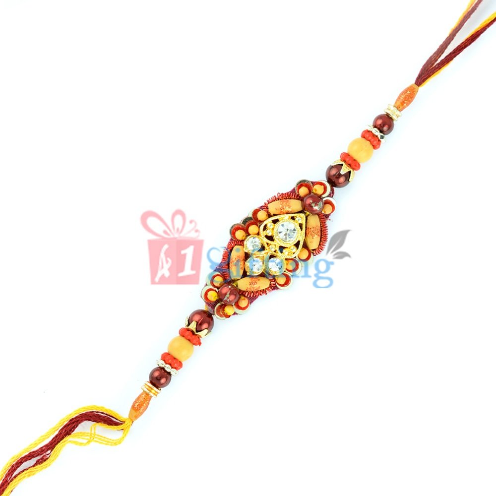 Handcrafted Beads Rakhi with Diamond Zardosi Center