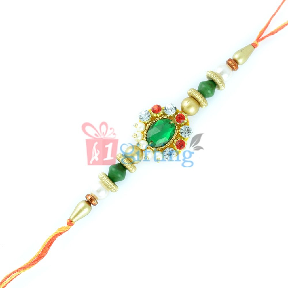 Emerald Stone Beads with Pearl Fancy Rakhi for Brother