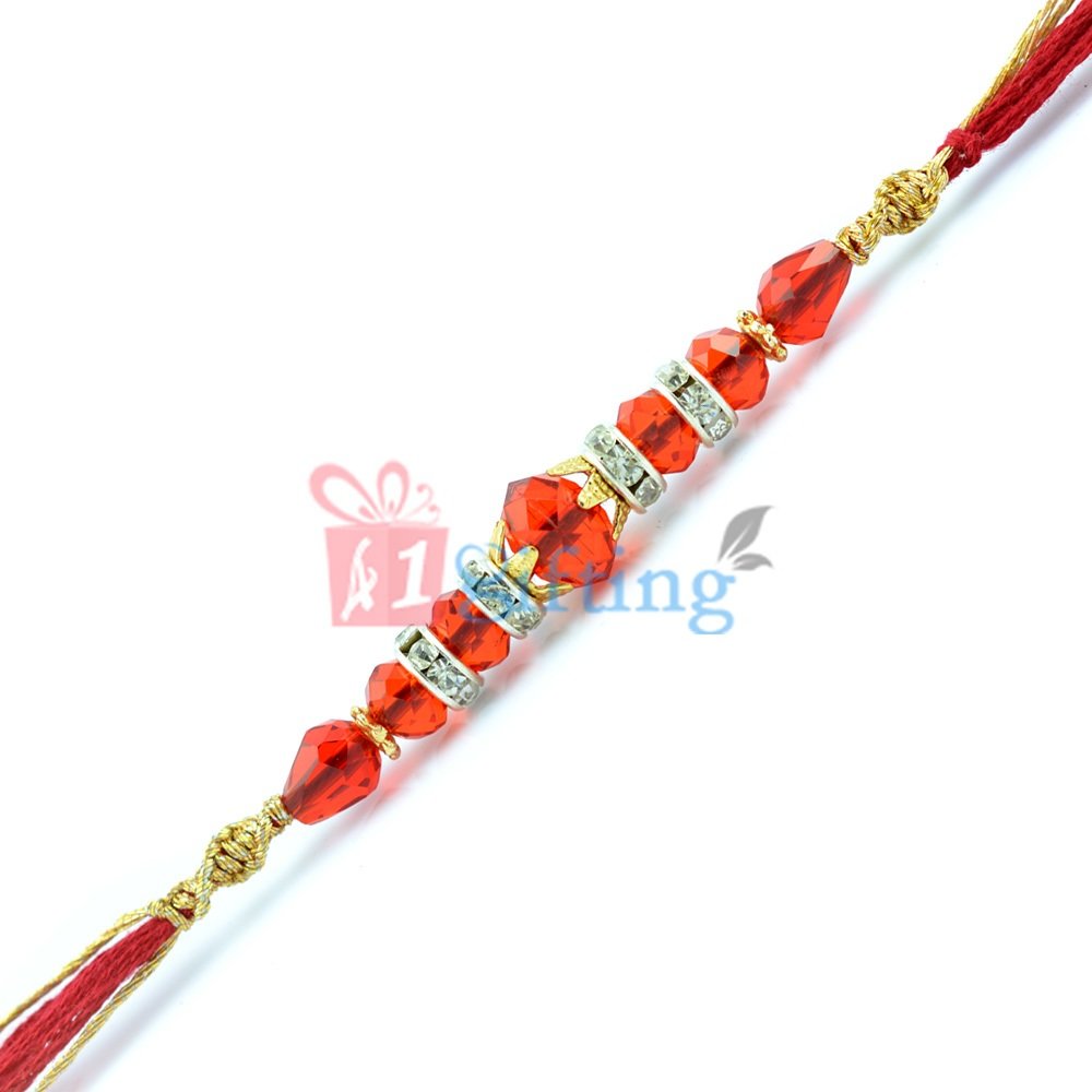 Bloody Glass Beads with American Diamonds and Golden Beads Rakhi