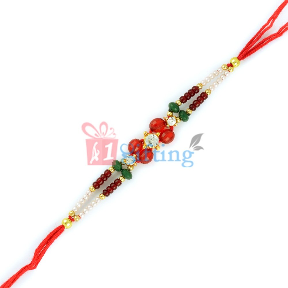 String of Multi Color Pearls and Beads Rakhi for Brother