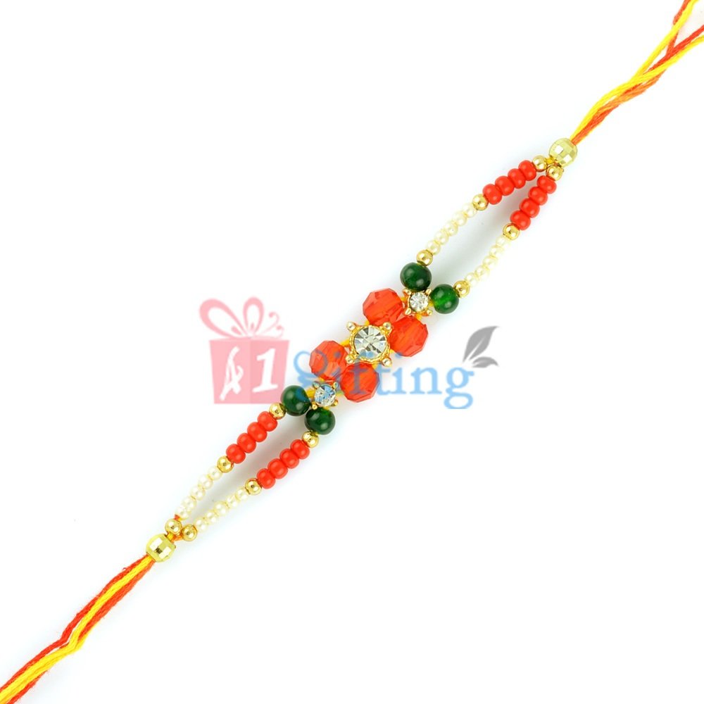 Glass and Colorful Pearl Beads Diamond Rakhi for Brother