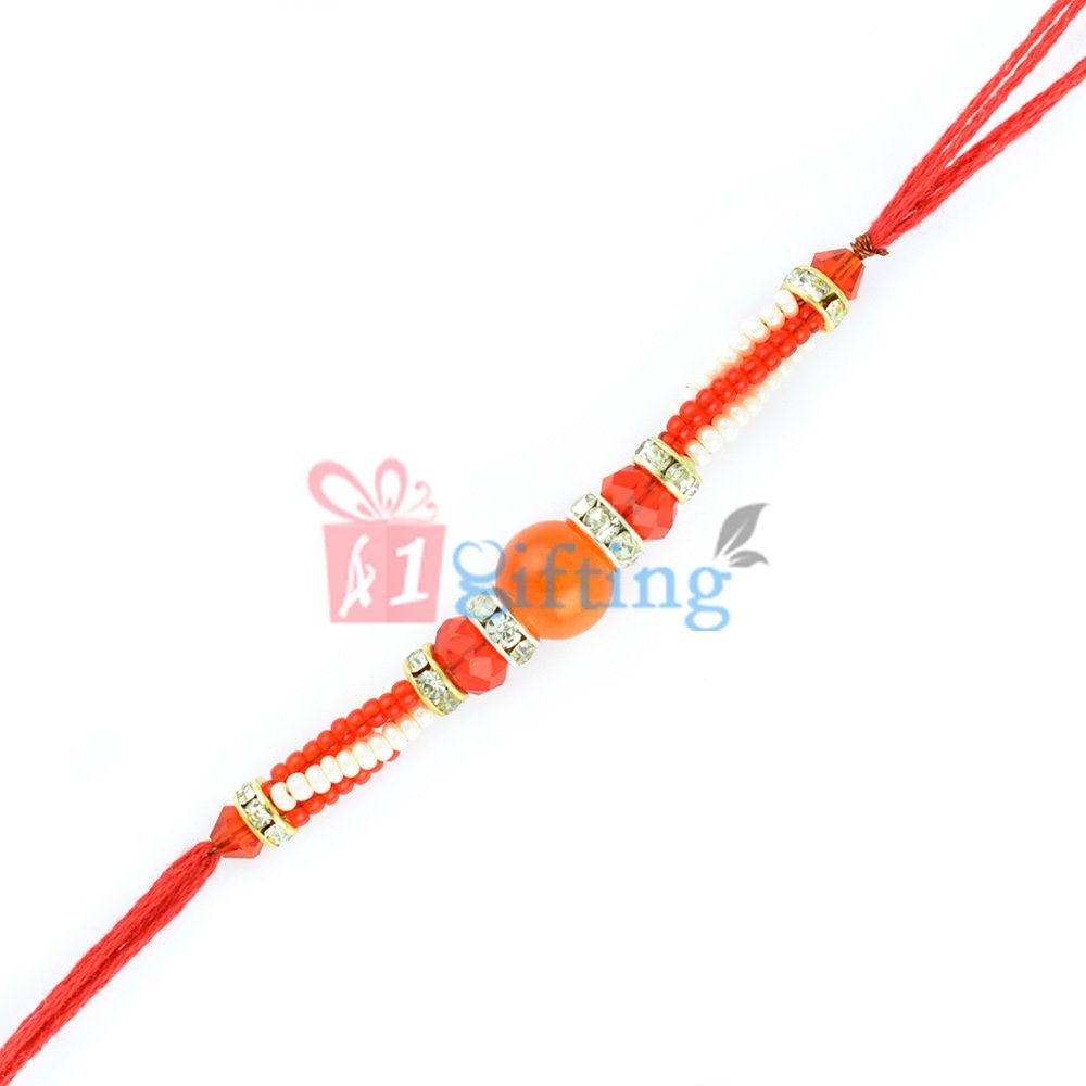 Ball Shaped Red Centered Beads alongwith Pearl String Diamond Rakhi