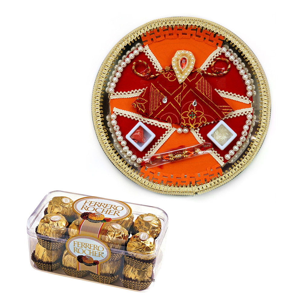 Pearl Swastik Rakhi Pooja Thali with Ferrero Rocher 16 Pcs