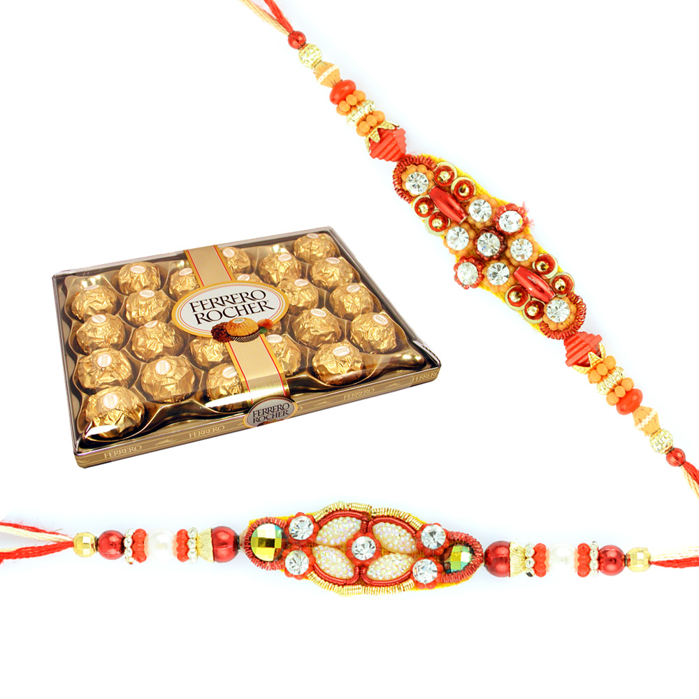 Sweet 24 Pcs Ferrero Rocher Chocolate and 2 Designer Rakhi Set